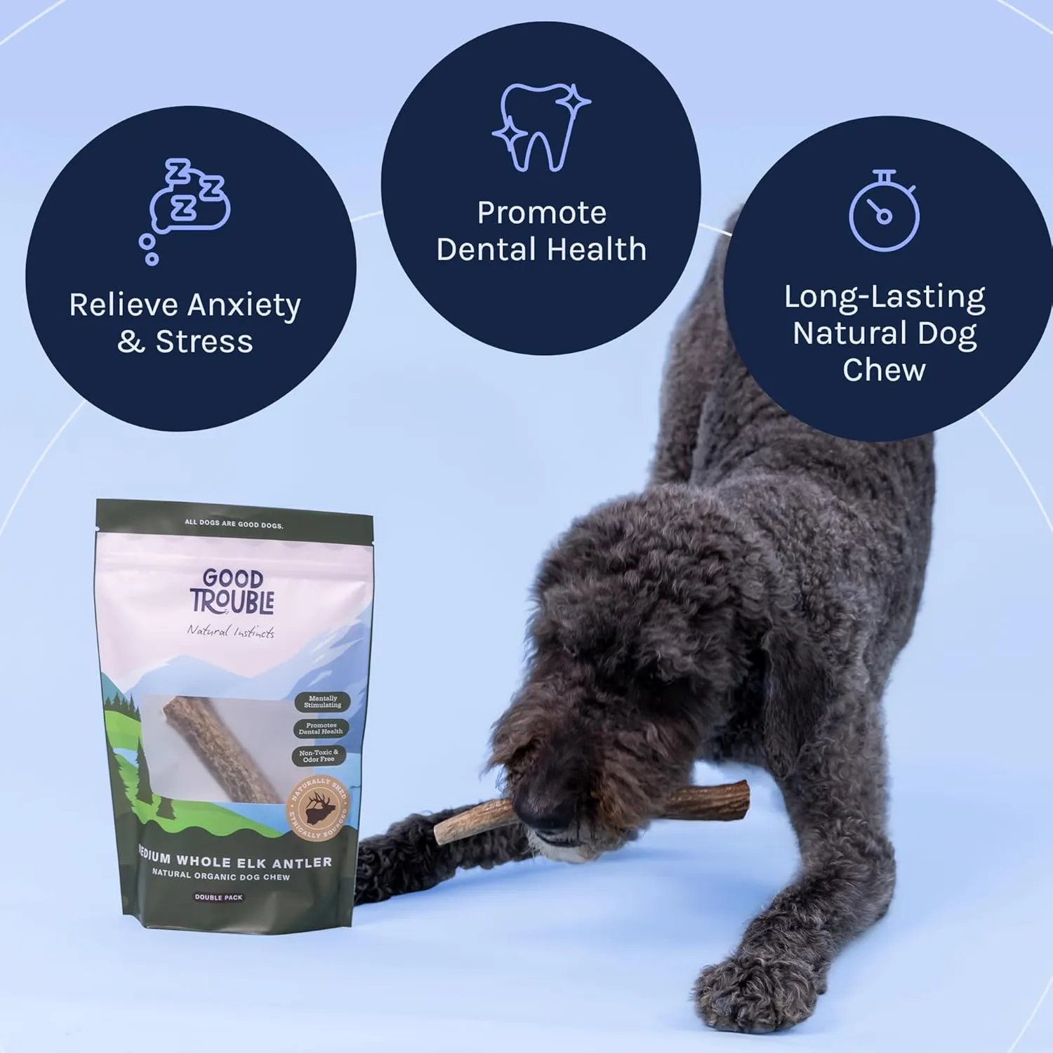 Good Trouble Premium Elk Antlers for Small Dogs  2 Pack Split Pets - All-Natural, Shed Antler Chews for Dental Health & Calming - Durable Dog Bones - Cruelty-Free, North American Sourced
