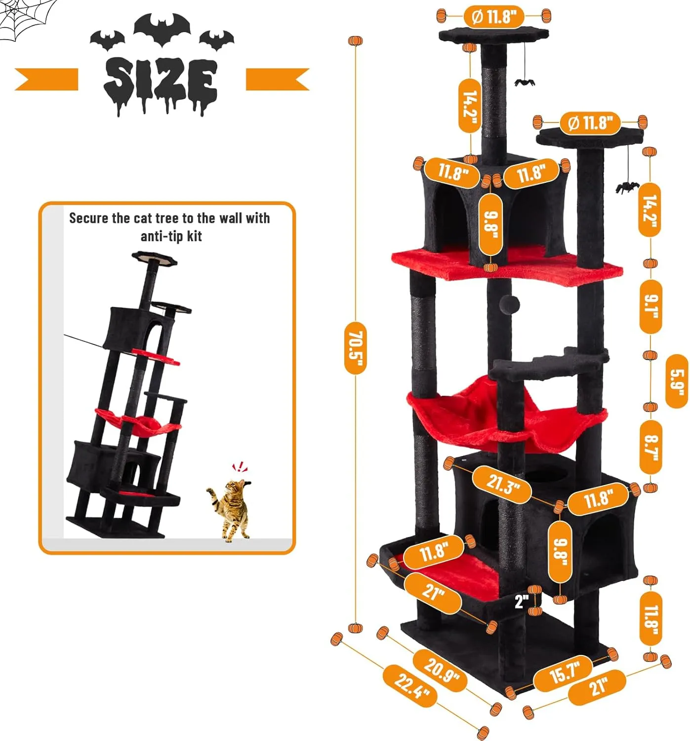 Gothic Cat Tree, 70.5" Heavy Duty Black Cat Tower for Large Cats, Tall Goth Kitty Tree with Dual Cat Condo, Maine Coon Cat Scratching Post with Coffin Bed, Hammock, Spooky Balls