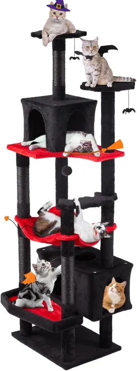 Gothic Cat Tree, 70.5" Heavy Duty Black Cat Tower for Large Cats, Tall Goth Kitty Tree with Dual Cat Condo, Maine Coon Cat Scratching Post with Coffin Bed, Hammock, Spooky Balls