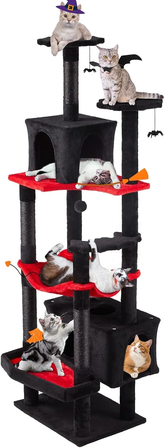 Gothic Cat Tree, 70.5" Heavy Duty Black Cat Tower for Large Cats, Tall Goth Kitty Tree with Dual Cat Condo, Maine Coon Cat Scratching Post with Coffin Bed, Hammock, Spooky Balls
