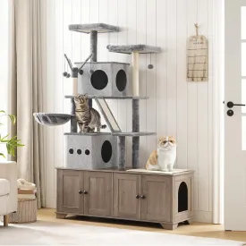 HOOBRO Double Litter Box Enclosure with Cat Tree, 45.3"L x 17.7"W x 68.9"H All-in-One Modern Cat Tower with Cat Bed, Hidden Litter Box Enclosure Furniture, with Hammock, Sisal Posts, Greige BG22MZ03