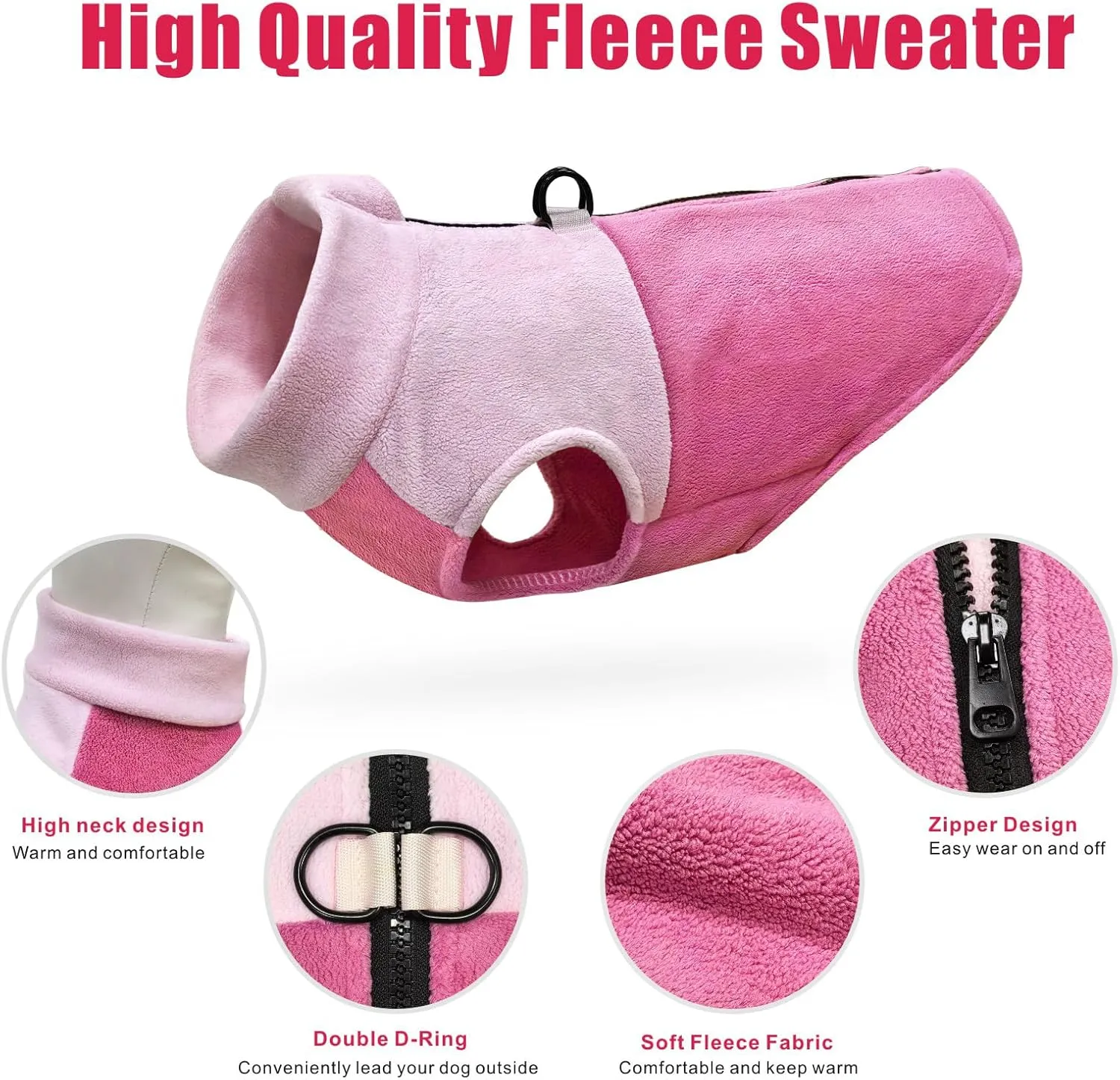 Idepet Dog Fleece Vest Sweater Zip Up Warm Pullover Dogs Jacket with D-Ring Leash Winter Cold Weater Coat Pet Sweatershirt Clothes Hoodie for Small Medium Dogs Boy Girl (Pink/Rose Red, XXL)