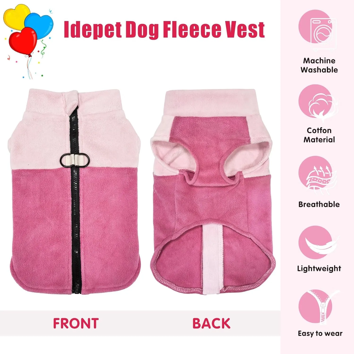 Idepet Dog Fleece Vest Sweater Zip Up Warm Pullover Dogs Jacket with D-Ring Leash Winter Cold Weater Coat Pet Sweatershirt Clothes Hoodie for Small Medium Dogs Boy Girl (Pink/Rose Red, XXL)