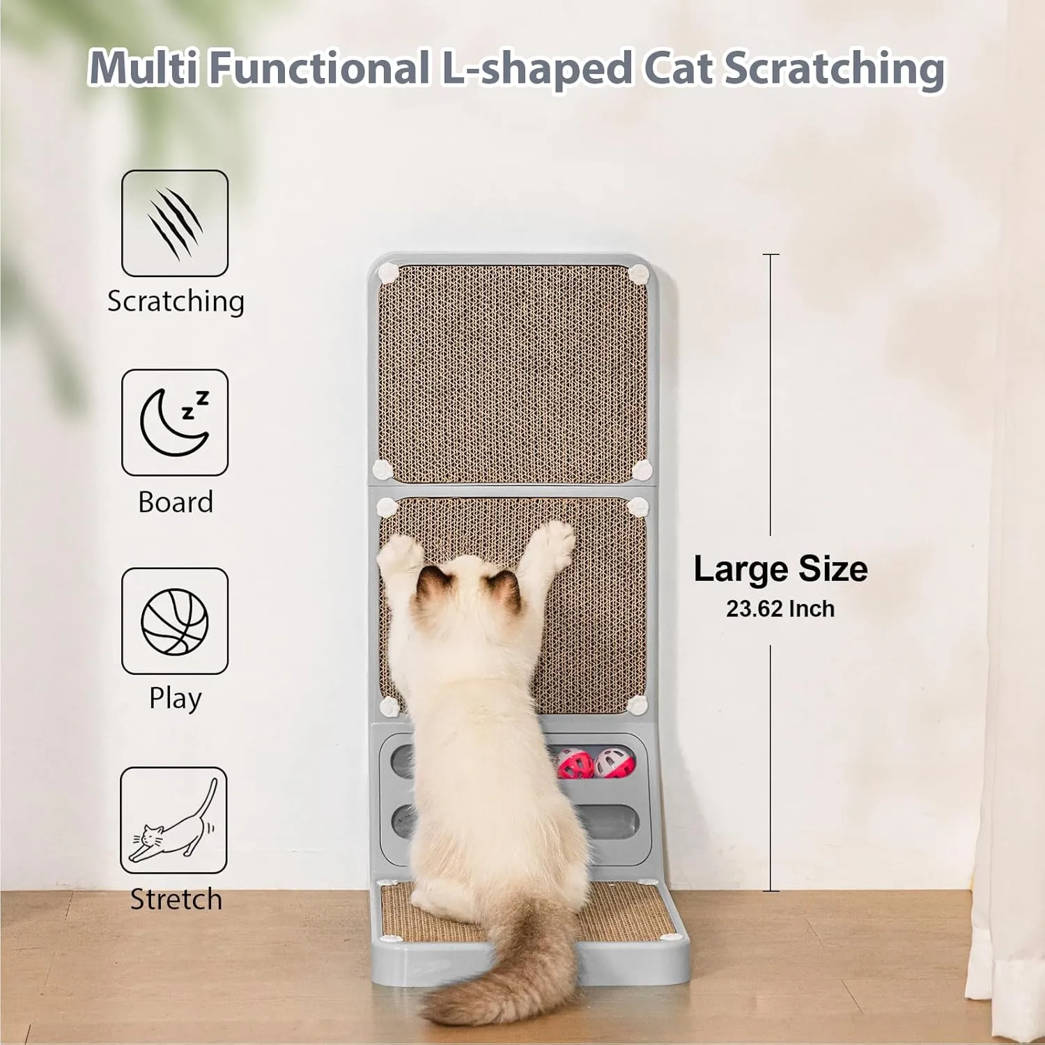 L-Shaped Cat Scratching Board and Ball - Wall Scratcher for Indoor Cats With Replacement Pads - Grey