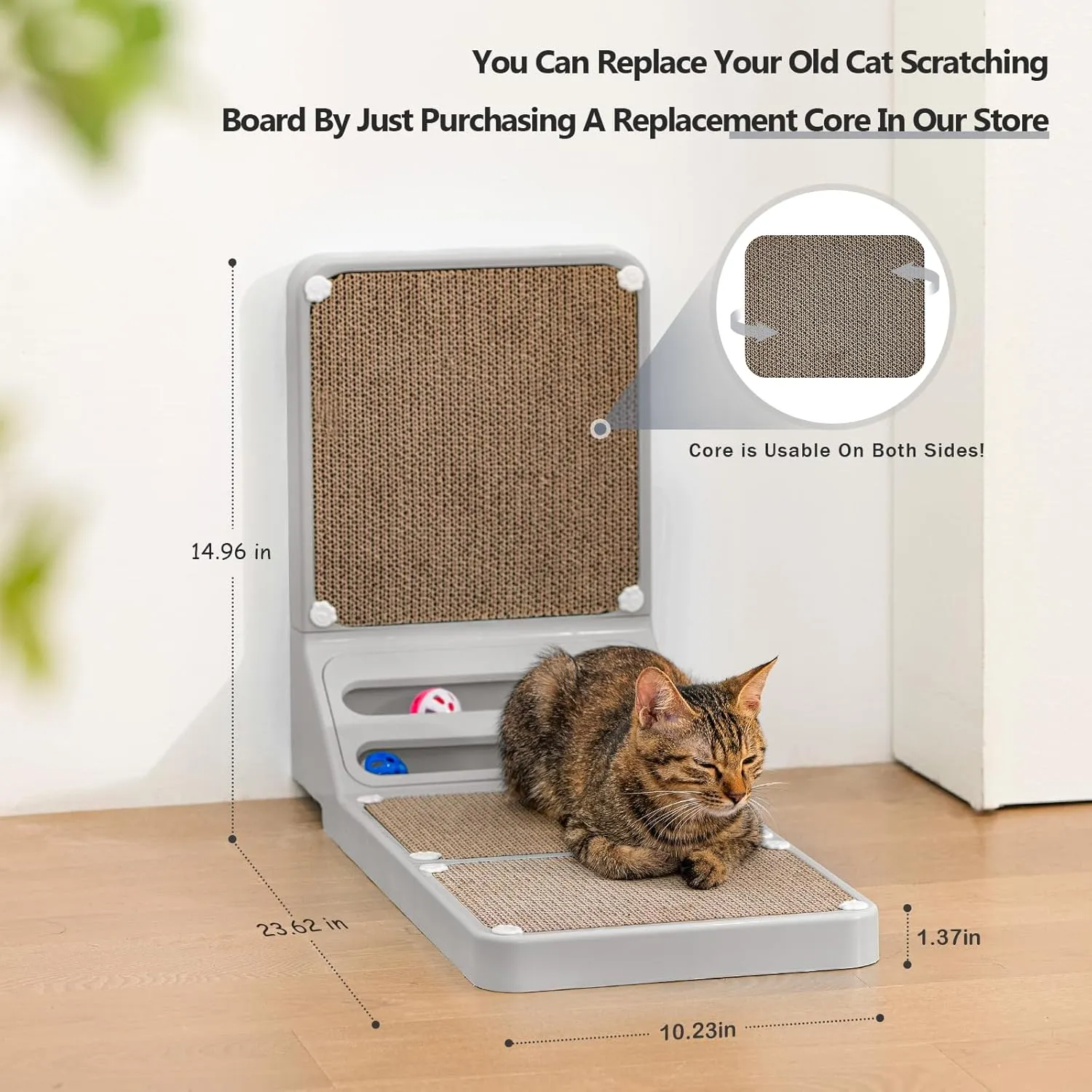 L-Shaped Cat Scratching Board and Ball - Wall Scratcher for Indoor Cats With Replacement Pads - Grey