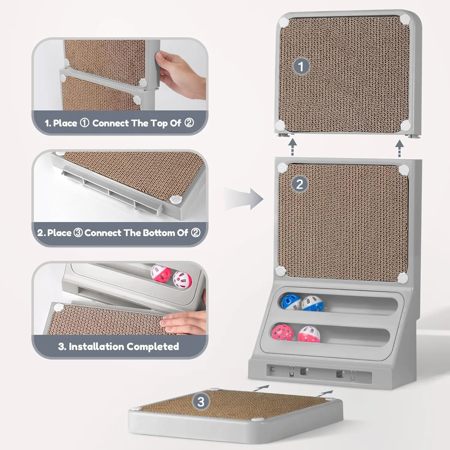 L-Shaped Cat Scratching Board and Ball - Wall Scratcher for Indoor Cats With Replacement Pads - Grey