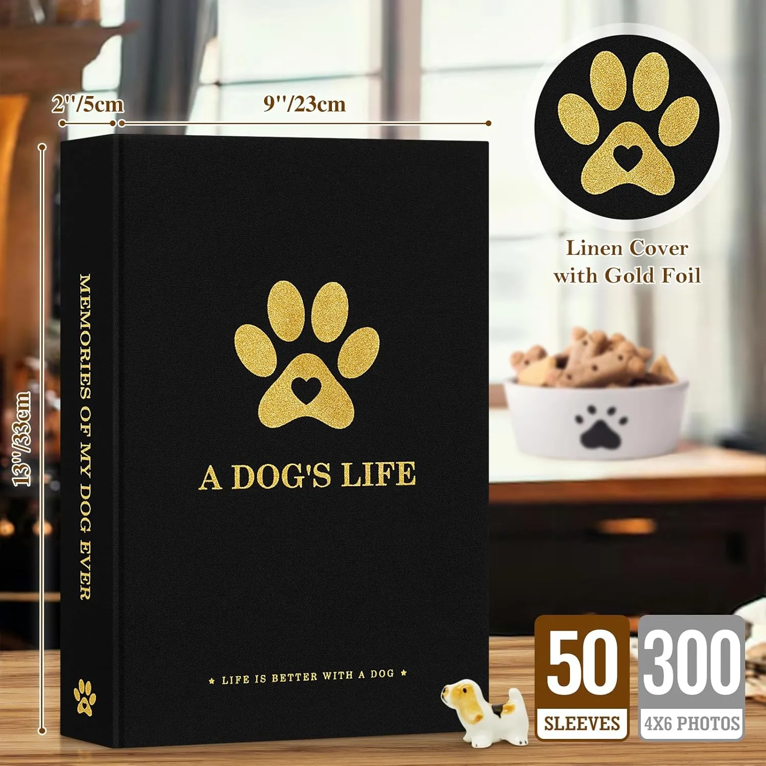 Lanpn Cute Puppy Photo Album 4x6 300 Pockets, Linen Cover A DOG'S LIFE Holds 300 Horizontal 4 x 6 Photos with Memo Writing Area Dogs Memory Book Keepsake for Dog Lovers Black