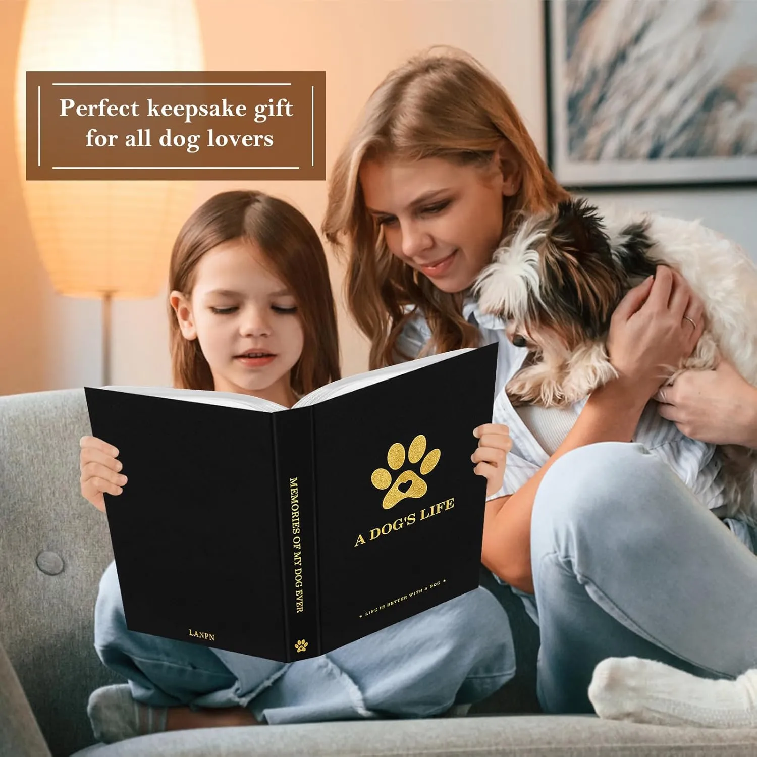 Lanpn Cute Puppy Photo Album 4x6 300 Pockets, Linen Cover A DOG'S LIFE Holds 300 Horizontal 4 x 6 Photos with Memo Writing Area Dogs Memory Book Keepsake for Dog Lovers Black