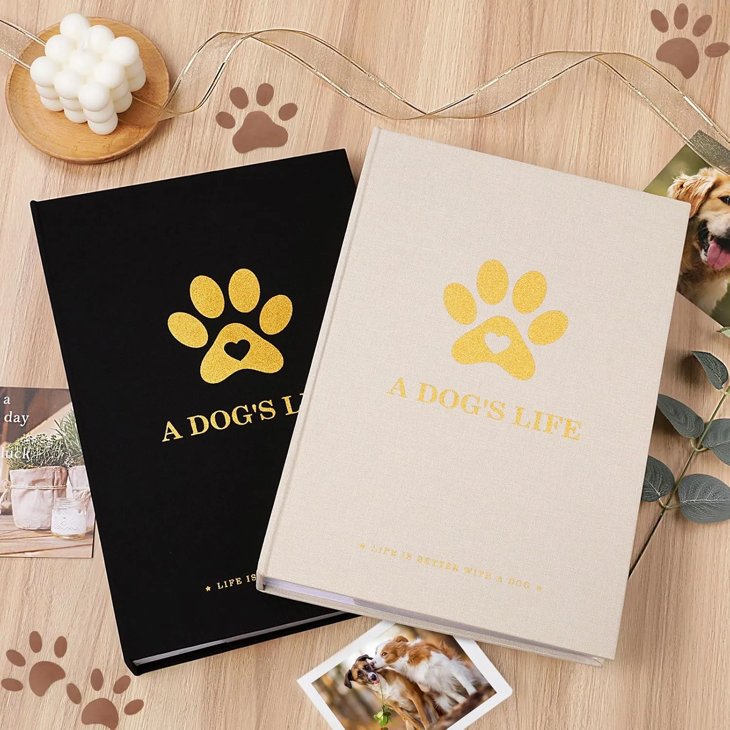 Lanpn Cute Puppy Photo Album 4x6 300 Pockets, Linen Cover A DOG'S LIFE Holds 300 Horizontal 4 x 6 Photos with Memo Writing Area Dogs Memory Book Keepsake for Dog Lovers Black
