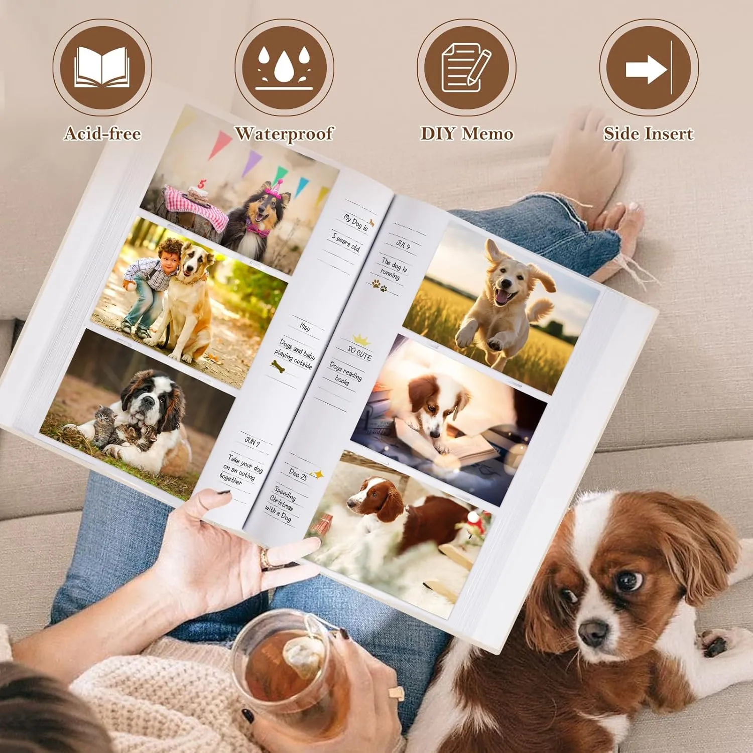 Lanpn Cute Puppy Photo Album 4x6 300 Pockets, Linen Cover A DOG'S LIFE Holds 300 Horizontal 4 x 6 Photos with Memo Writing Area Dogs Memory Book Keepsake for Dog Lovers Black