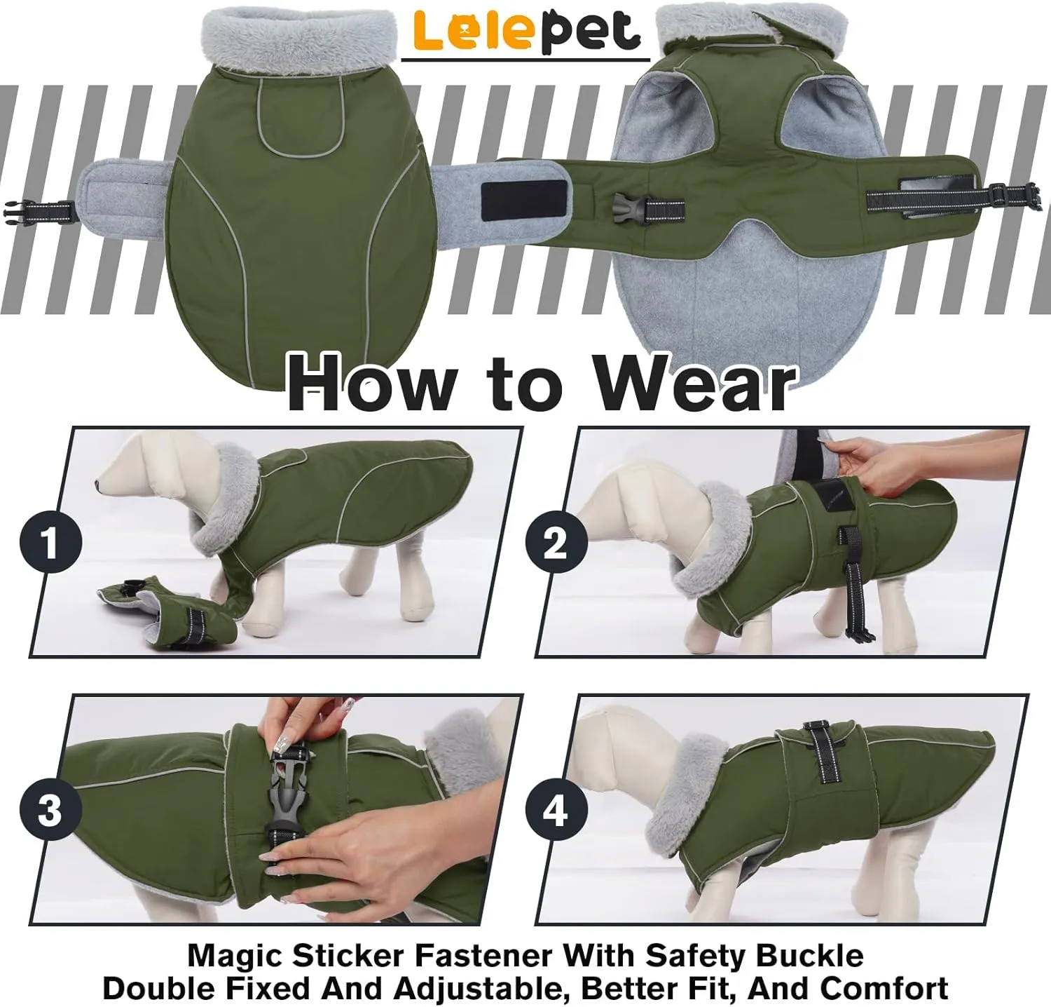 Lelepet Warm Dog Coat Reflective Fleece Vest Waterproof Dog Jacket with Adjustable Buckle Hook & Loop Windproof Cold Weather Coats for Small Medium Large Dogs, Army Green, S
