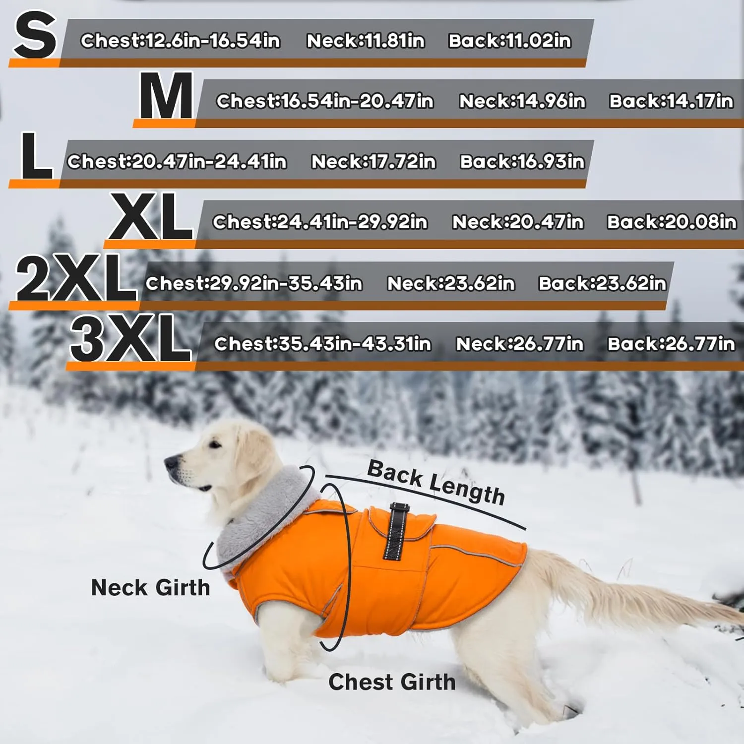 Lelepet Warm Dog Coat Reflective Fleece Vest Waterproof Dog Jacket with Adjustable Buckle Hook & Loop Windproof Cold Weather Coats for Small Medium Large Dogs, Orange, S