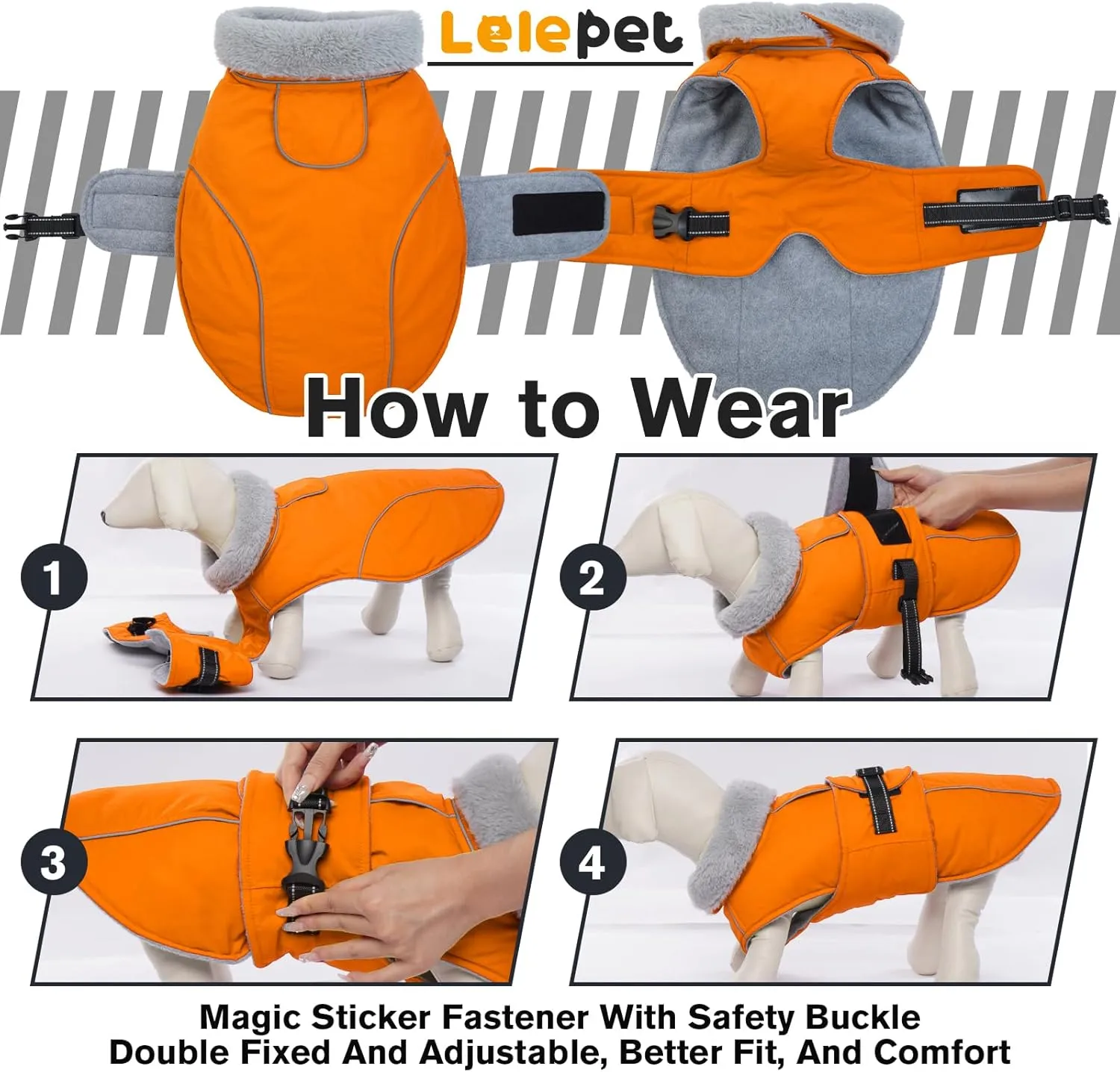 Lelepet Warm Dog Coat Reflective Fleece Vest Waterproof Dog Jacket with Adjustable Buckle Hook & Loop Windproof Cold Weather Coats for Small Medium Large Dogs, Orange, S