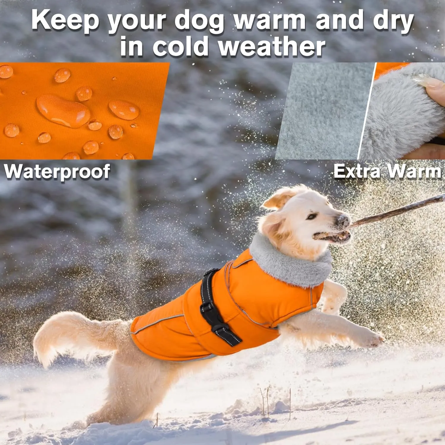Lelepet Warm Dog Coat Reflective Fleece Vest Waterproof Dog Jacket with Adjustable Buckle Hook & Loop Windproof Cold Weather Coats for Small Medium Large Dogs, Orange, S