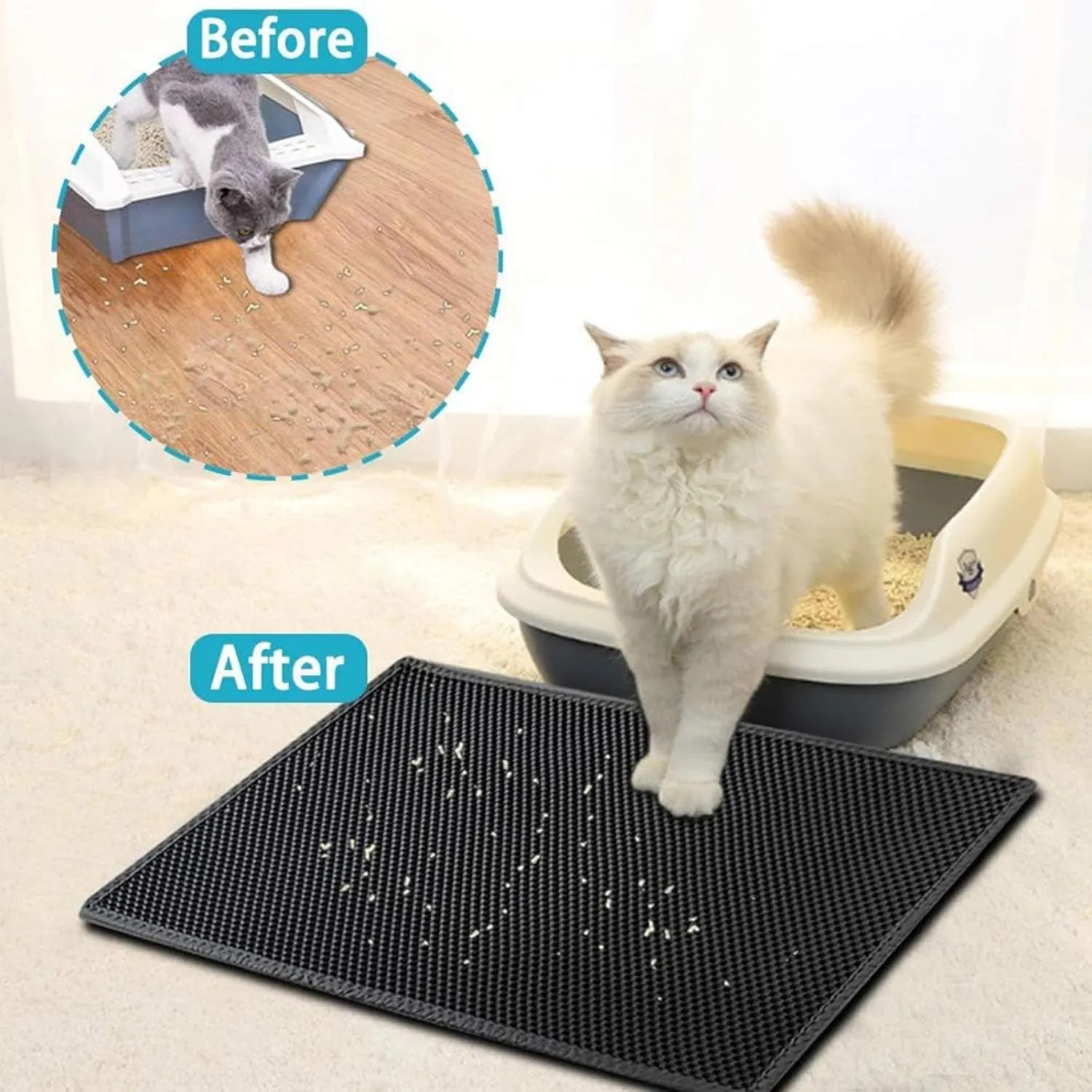 Litter Box Mat, 24X35In/26X46In Honeycomb Double Layer Cat Litter Trap Mats Litter Box Mat Trapper, Less Waste,Soft On Paws,Non-Slip,26X46In-Beige