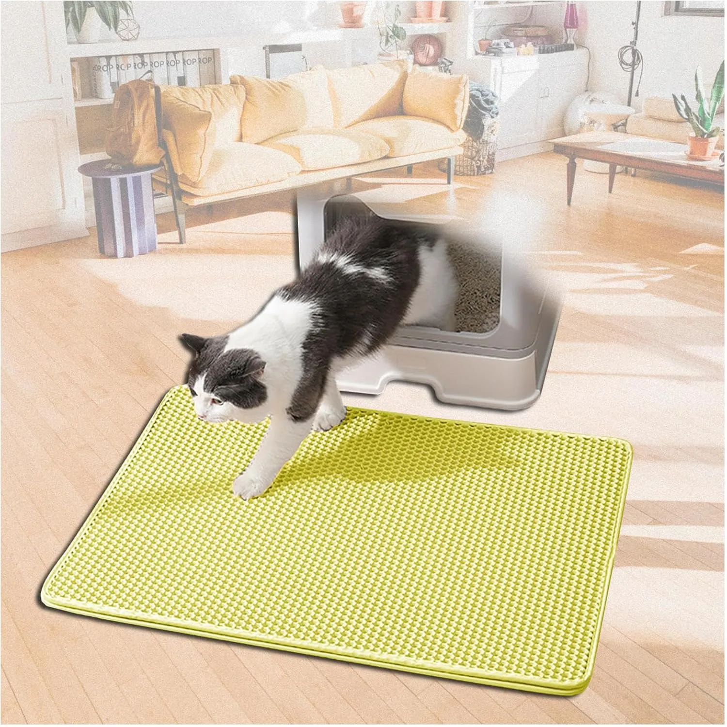 Litter Mat, Honeycomb Double Layer Easy Clean Cat Litter Mat Litter Trapping Mat Less Waste,Soft On Paws,Non-Slip, Cat Litter Trap Mats,Yellow-M