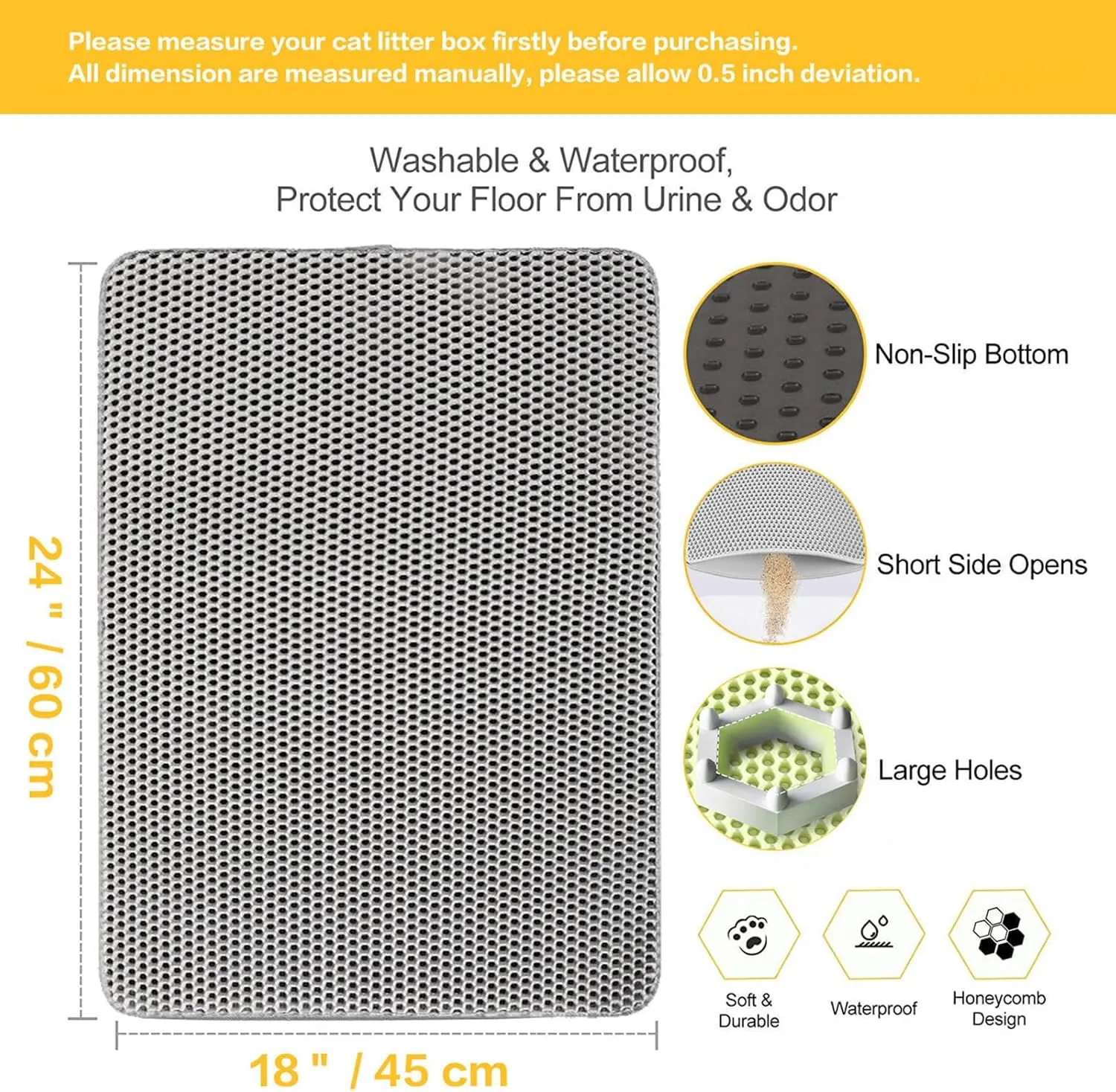 Litter Mat, Honeycomb Double Layer Easy Clean Cat Litter Mat Litter Trapping Mat Less Waste,Soft On Paws,Non-Slip, Cat Litter Trap Mats,Yellow-M
