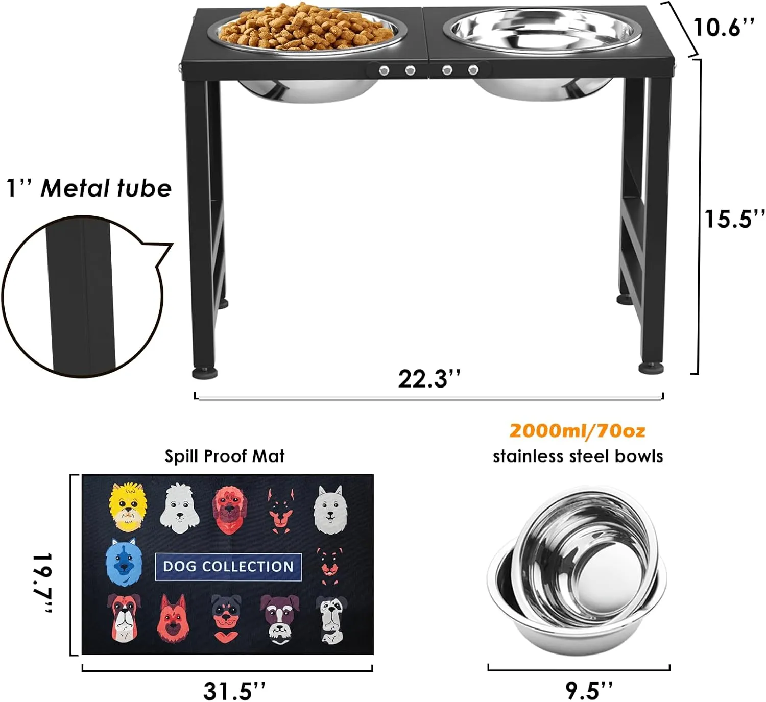 Metal Elevated Dog Bowls for Large   Dogs Raised Dog Bowl Stand with Sprill Proof Mat and 2000ML Dog Bowls, Dog Food & Water Bowls 16" Tall Dog Feeder for Extra Large Breed