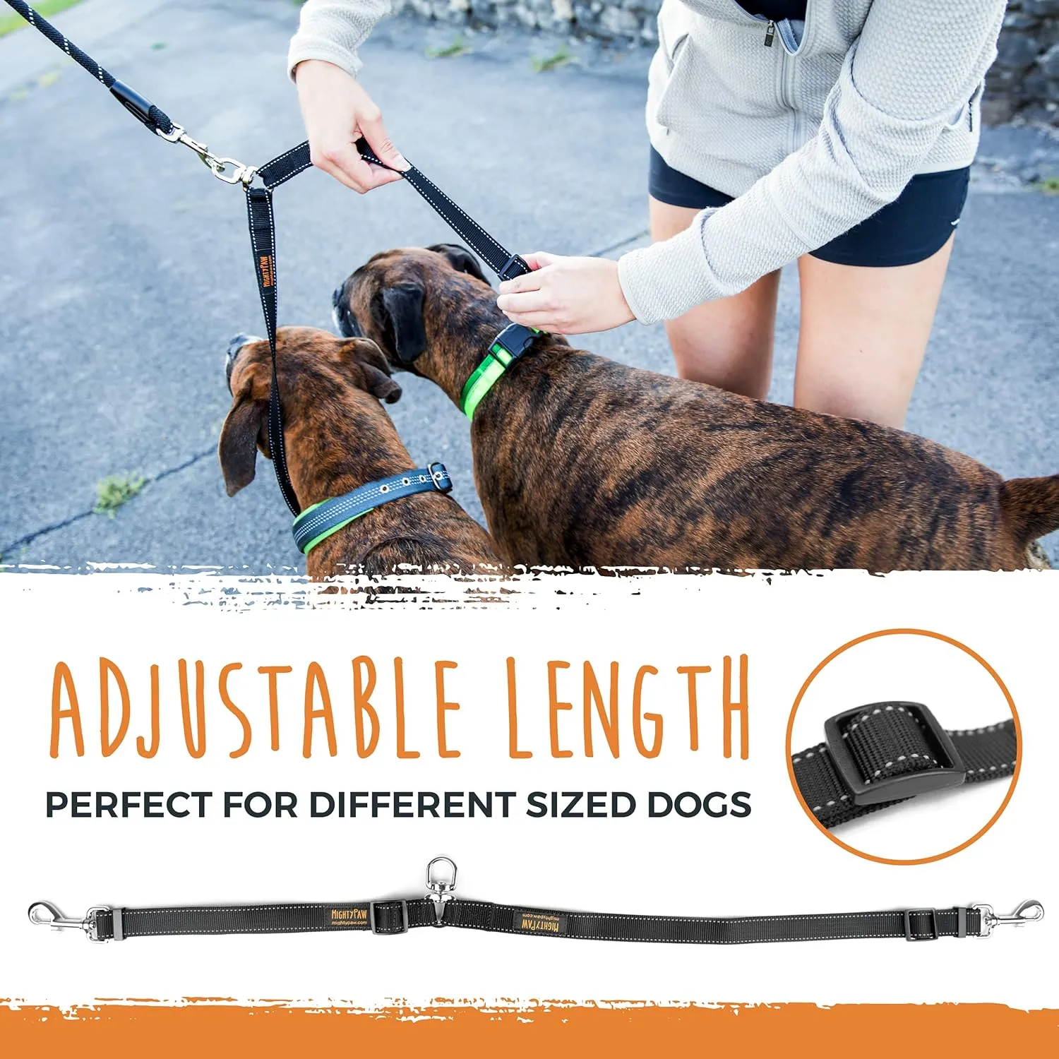 Mighty Paw Double Dog Leash with Rope Handle - Double Leash for Two Dogs No Tangle Design. Split Lead for 2 Pets. Adjustable to Fit All Sized Breeds. Reflective Dual Pet Lead for People with 2 Pups