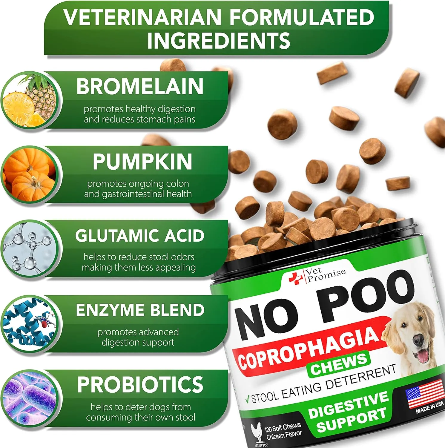 No Poo Chews for Dogs - Coprophagia Stool Eating Deterrent for Dogs - Stop Dog Poop Eating - Probiotics & Digestive Enzymes Supplement - Made in USA - Vet Formulated - 120 Soft Treats