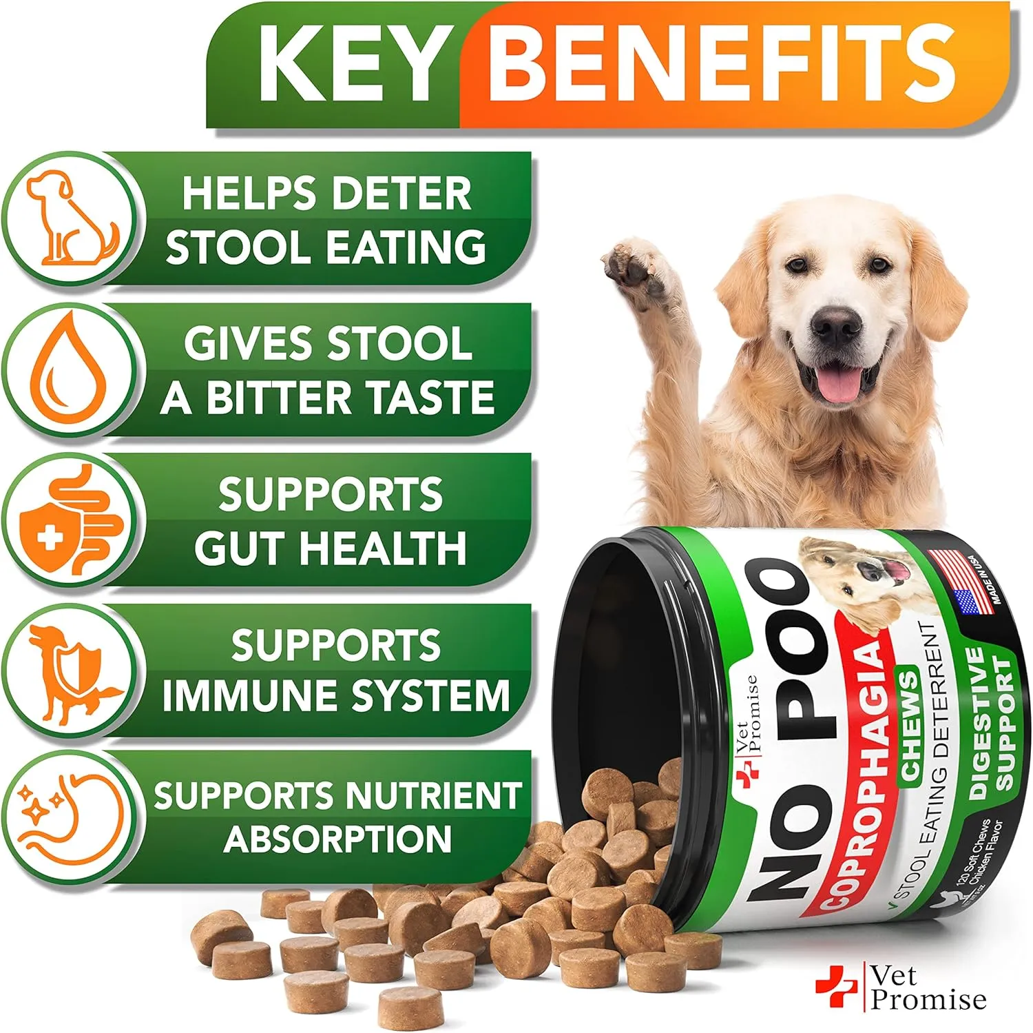 No Poo Chews for Dogs - Coprophagia Stool Eating Deterrent for Dogs - Stop Dog Poop Eating - Probiotics & Digestive Enzymes Supplement - Made in USA - Vet Formulated - 120 Soft Treats