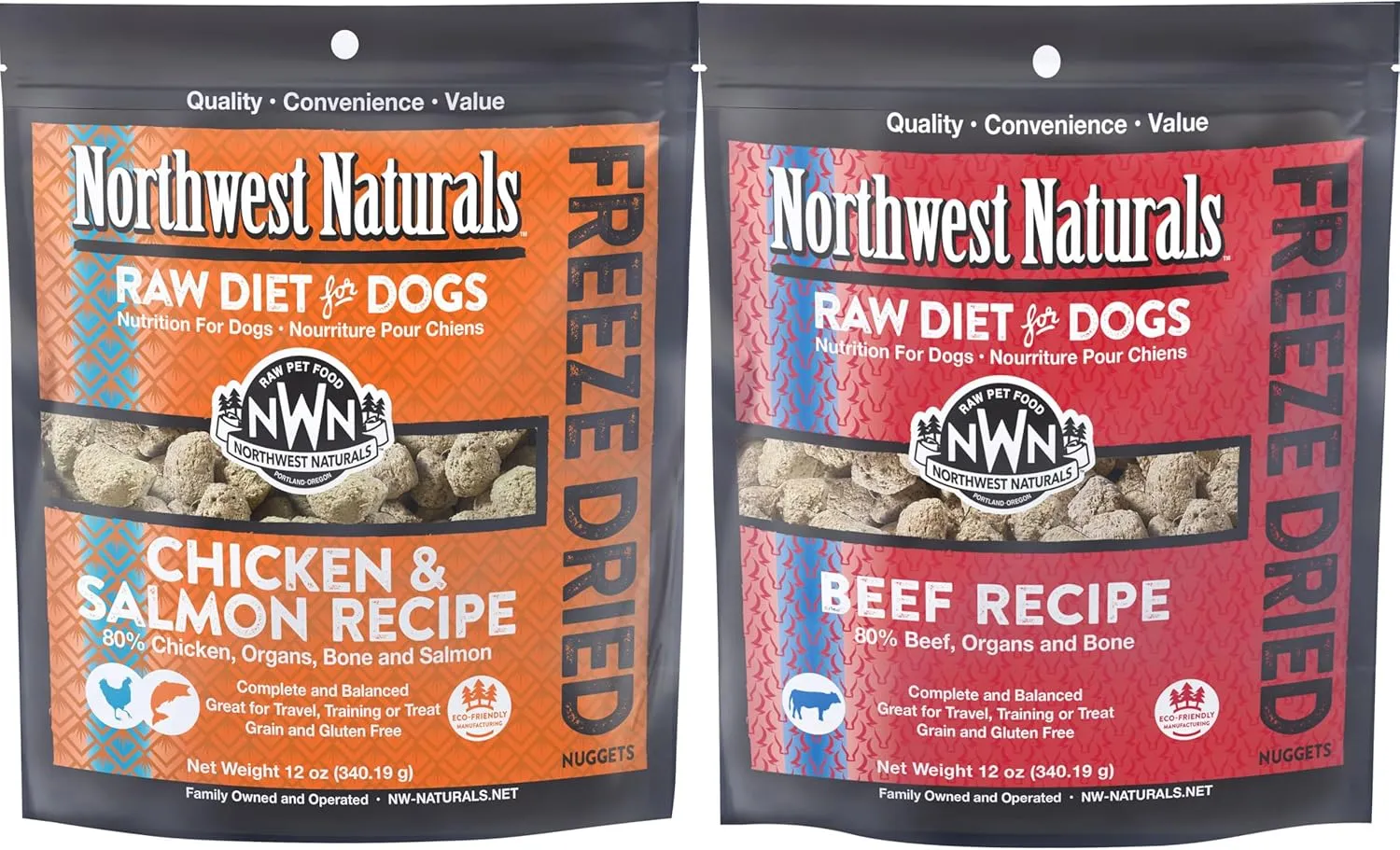 Northwest Naturals Freeze-Dried Dog Food - Chicken/Salmon (12 oz) & Beef (12 oz) - Bite-Sized Nuggets, Healthy for Dogs, Limited, Human Grade Ingredients, All Natural