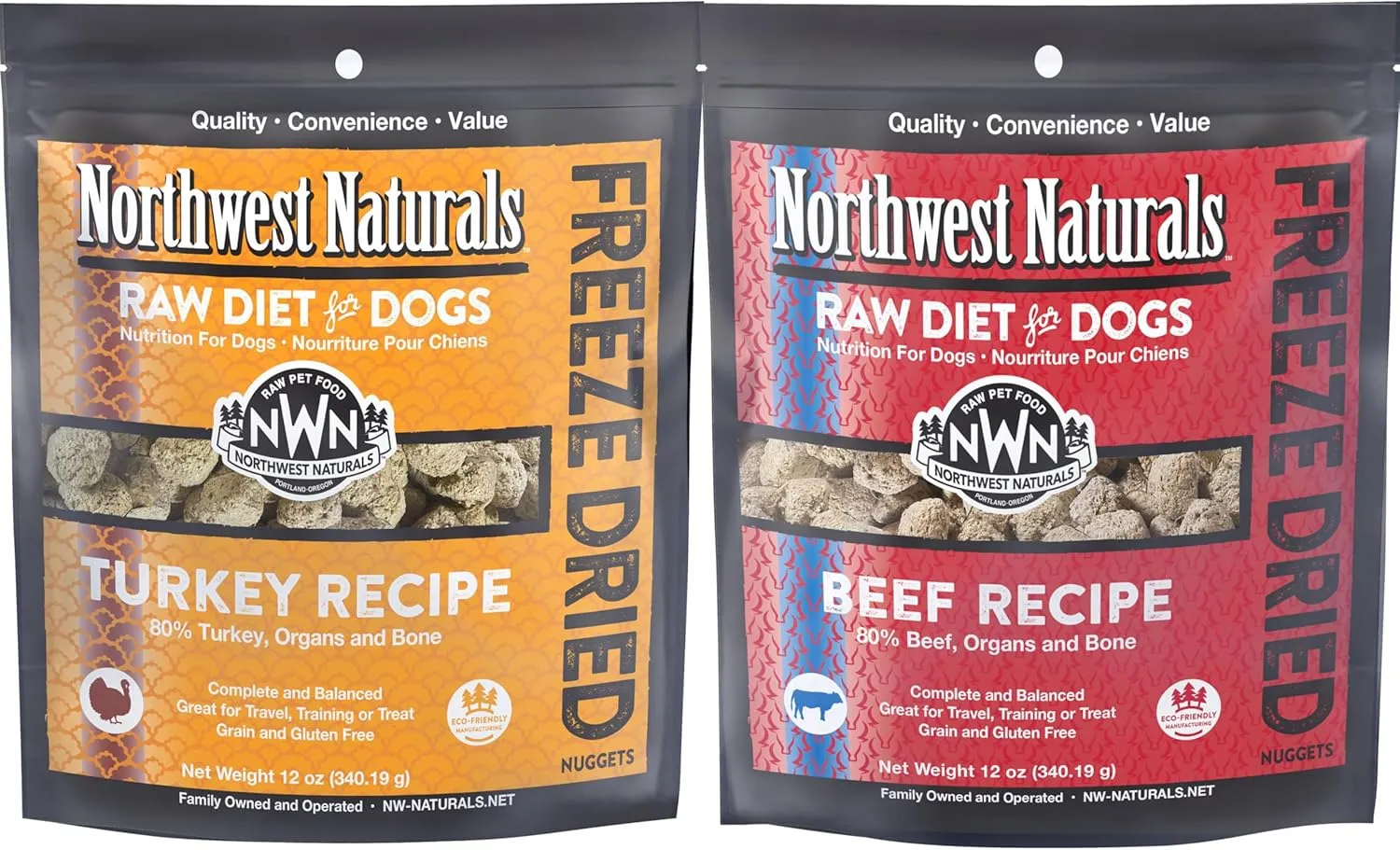 Northwest Naturals Freeze-Dried Dog Food - Turkey (12 oz) & Beef (12 oz) - Bite-Sized Nuggets, Healthy for Dogs, Limited, Human Grade Ingredients, All Natural