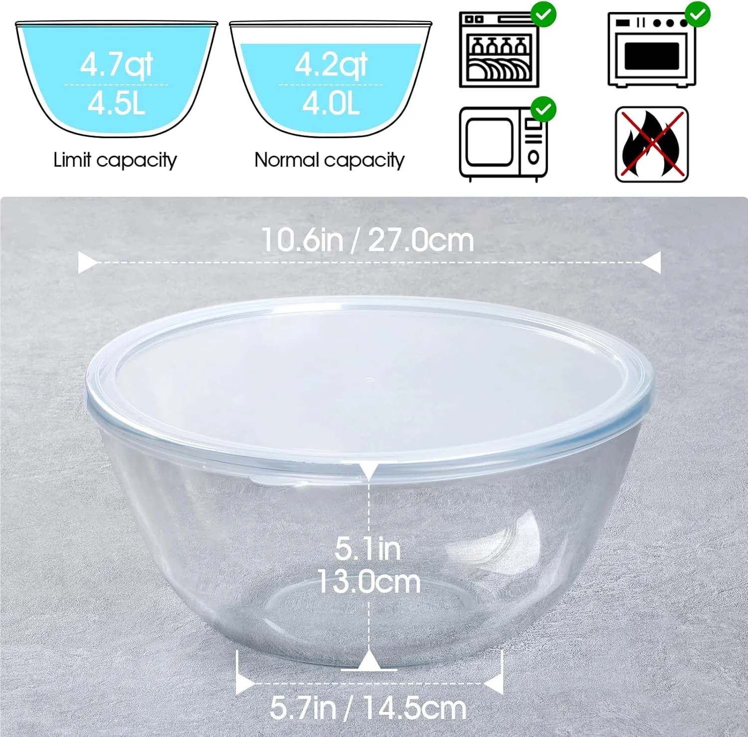 NUTRIUPS 4.7 Quart Large Glass Mixing Bowl with Lid, Deep Big Glass Bowl Large Glas Salad Bowl