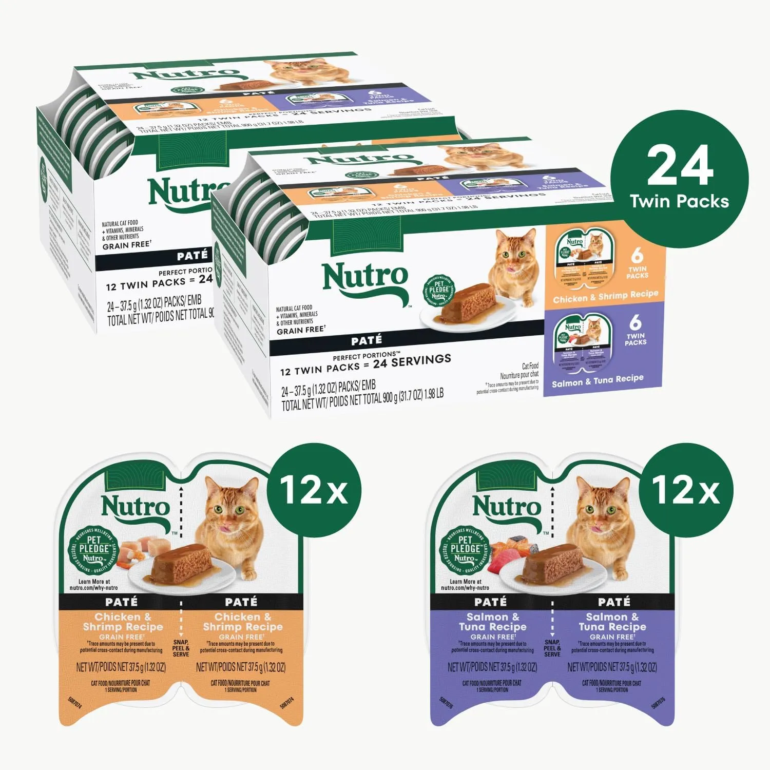 Nutro Wet Cat Food Pat Multipack: Salmon & Tuna; Chicken & Shrimp; 2.64 oz Trays (12 Count, Pack of 2)