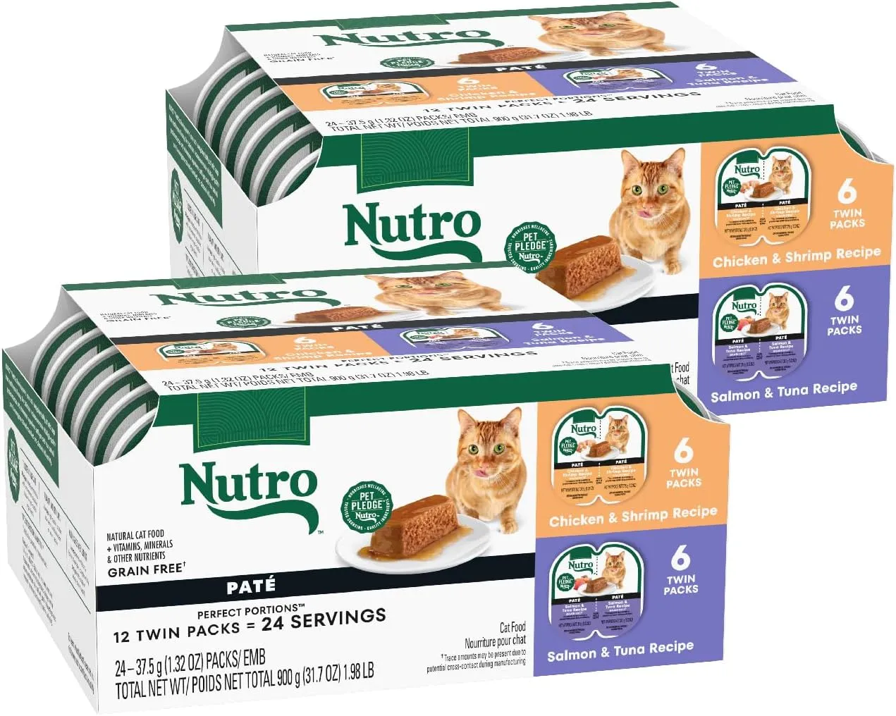 Nutro Wet Cat Food Pat Multipack: Salmon & Tuna; Chicken & Shrimp; 2.64 oz Trays (12 Count, Pack of 2)