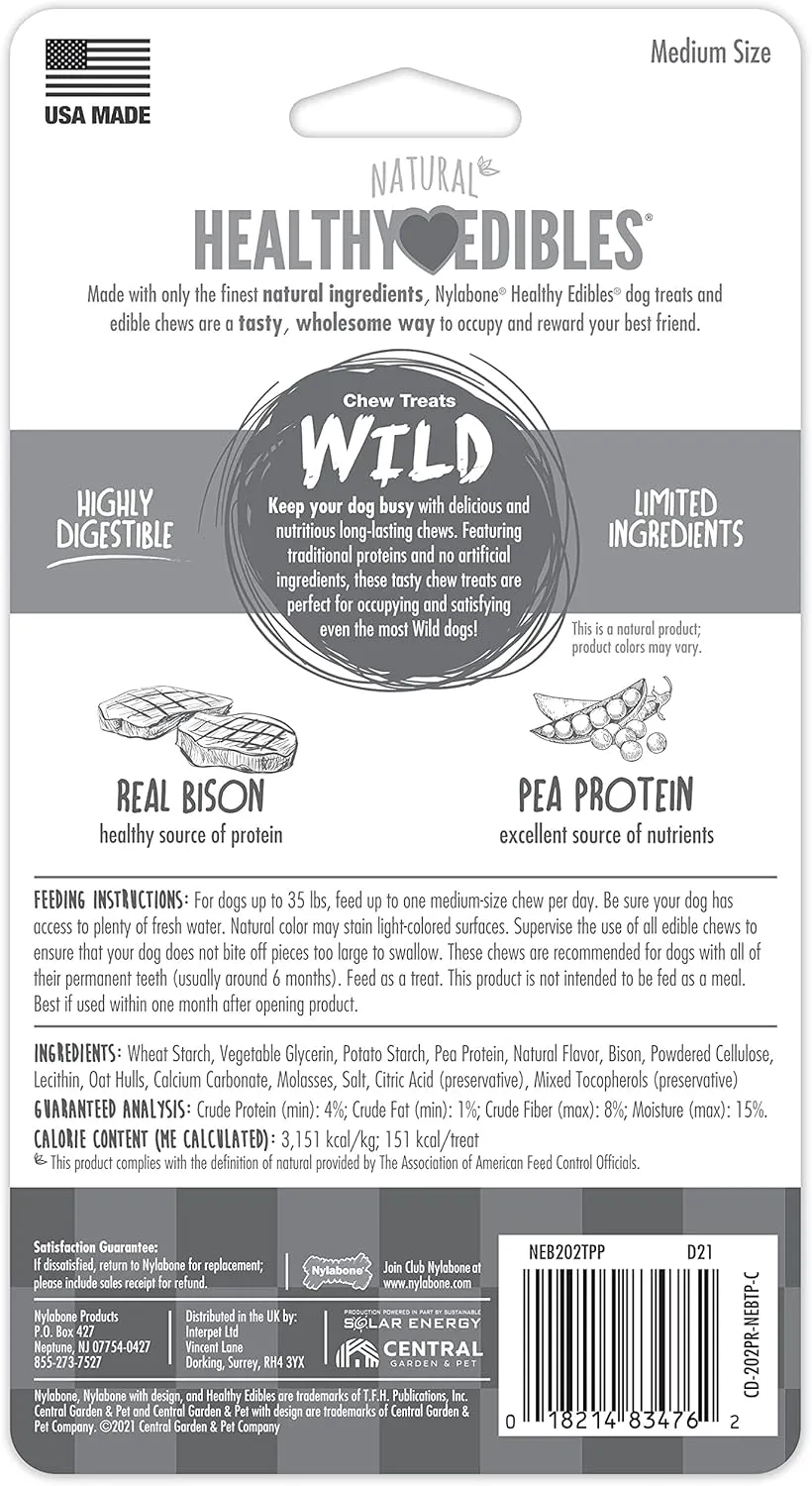 Nylabone Healthy Edibles WILD Natural Long-Lasting Bison Flavor Bone Chew Treats for Dogs, Medium (2 Count)