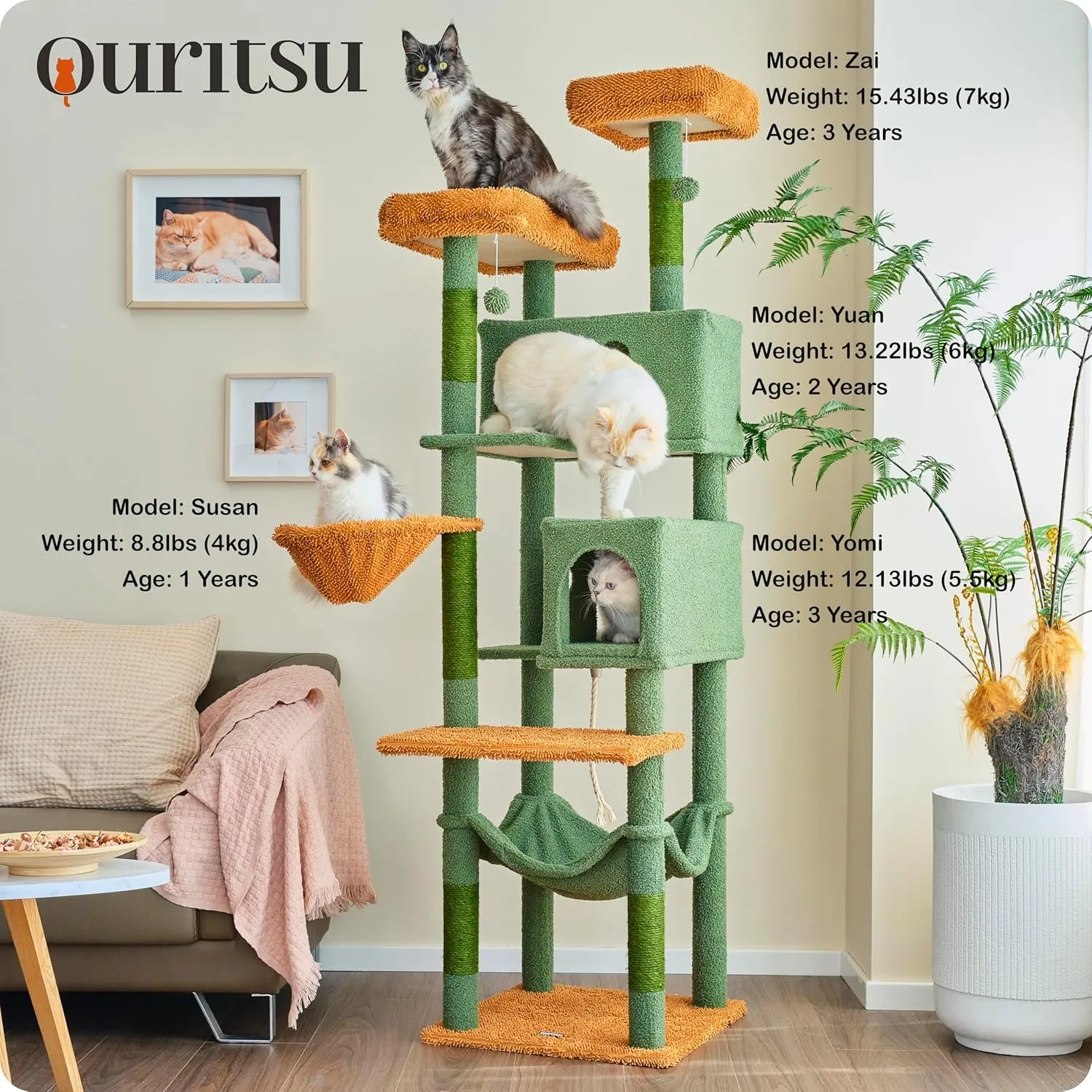 Ouritsu Cat Tree, 73.6 inch Tall Cat Climbing Tower for Large Cat Indoor with 2 Large Condos, 2 Widened Perches, Sisal Covered Scratching Posts, 2 Hammocks, Cactus Green, XLF001GB