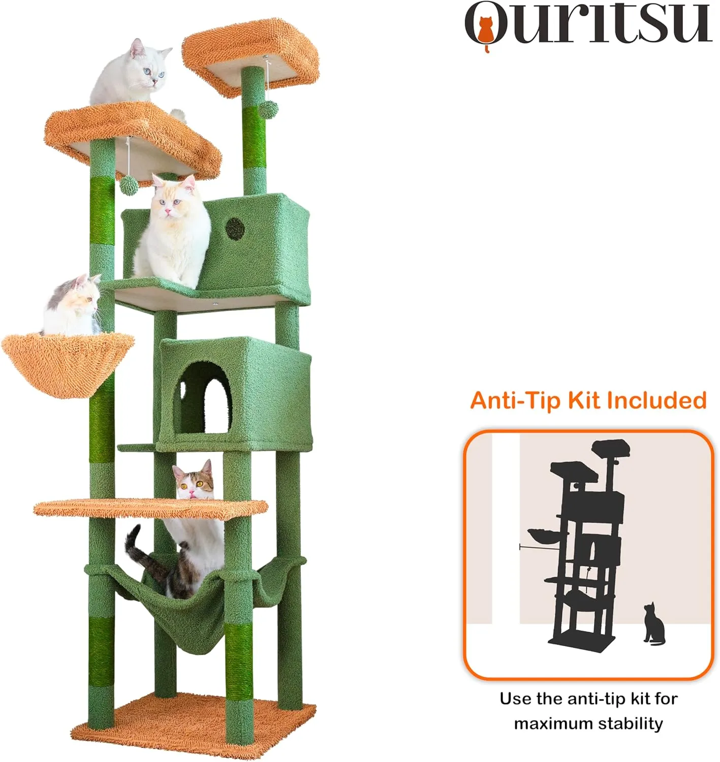 Ouritsu Cat Tree, 73.6 inch Tall Cat Climbing Tower for Large Cat Indoor with 2 Large Condos, 2 Widened Perches, Sisal Covered Scratching Posts, 2 Hammocks, Cactus Green, XLF001GB