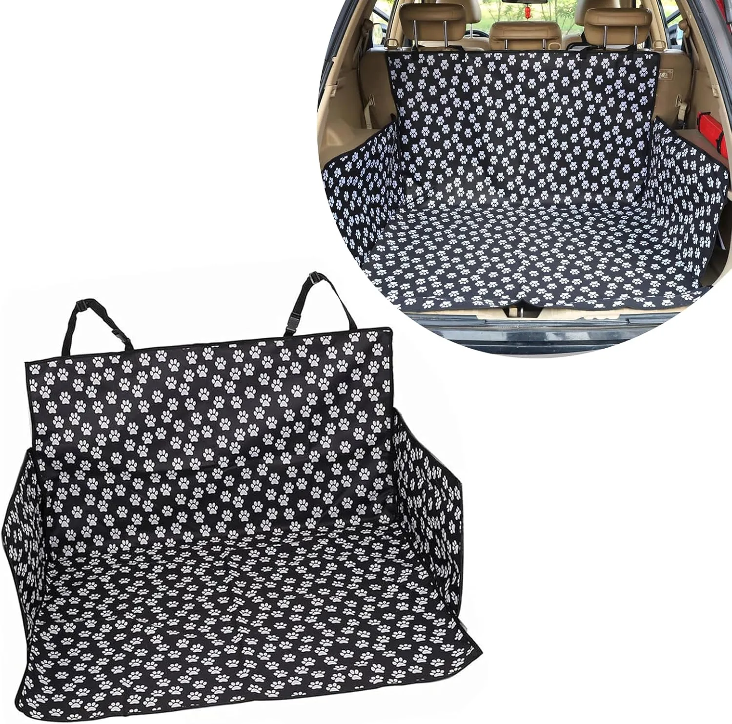 Pack-1 Car 41.3" x 61" Trunk Pet Mat, Cute Paw Decorated Dog Scratch Resistant Trunk Full Protective Case, 600D Waterproof Oxford Cloth Non-Slip Washable Accessory, Universal for Cars (Black)