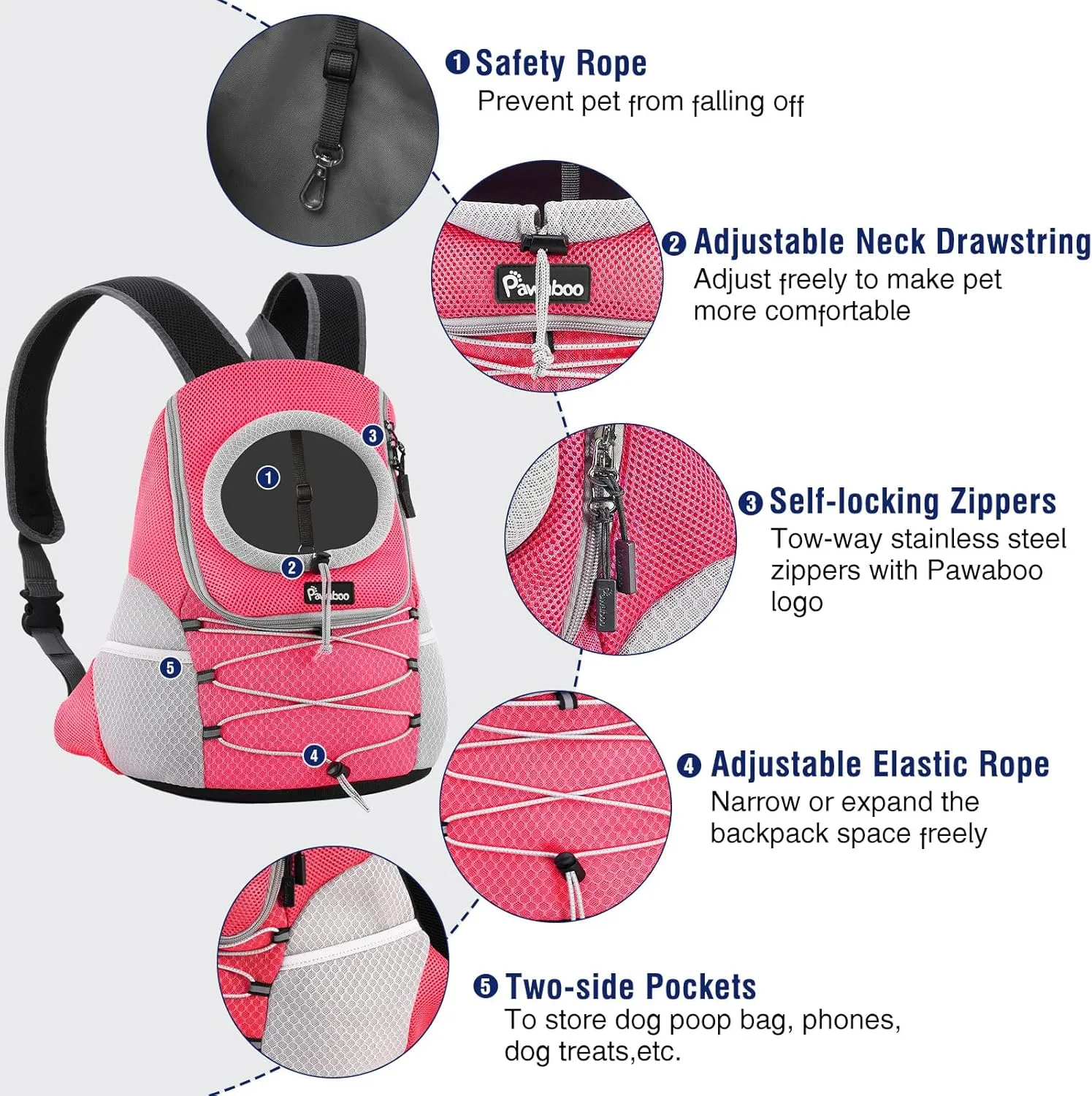 Pawaboo Pet Dog Carrier Backpack, Puppy Dog Travel Front Carrier for Small Medium Dogs Cats, Adjustable Breathable Dog Carrying Backpack with Safety Strips for Hiking, Walking (Pink M Up to 10 lbs)