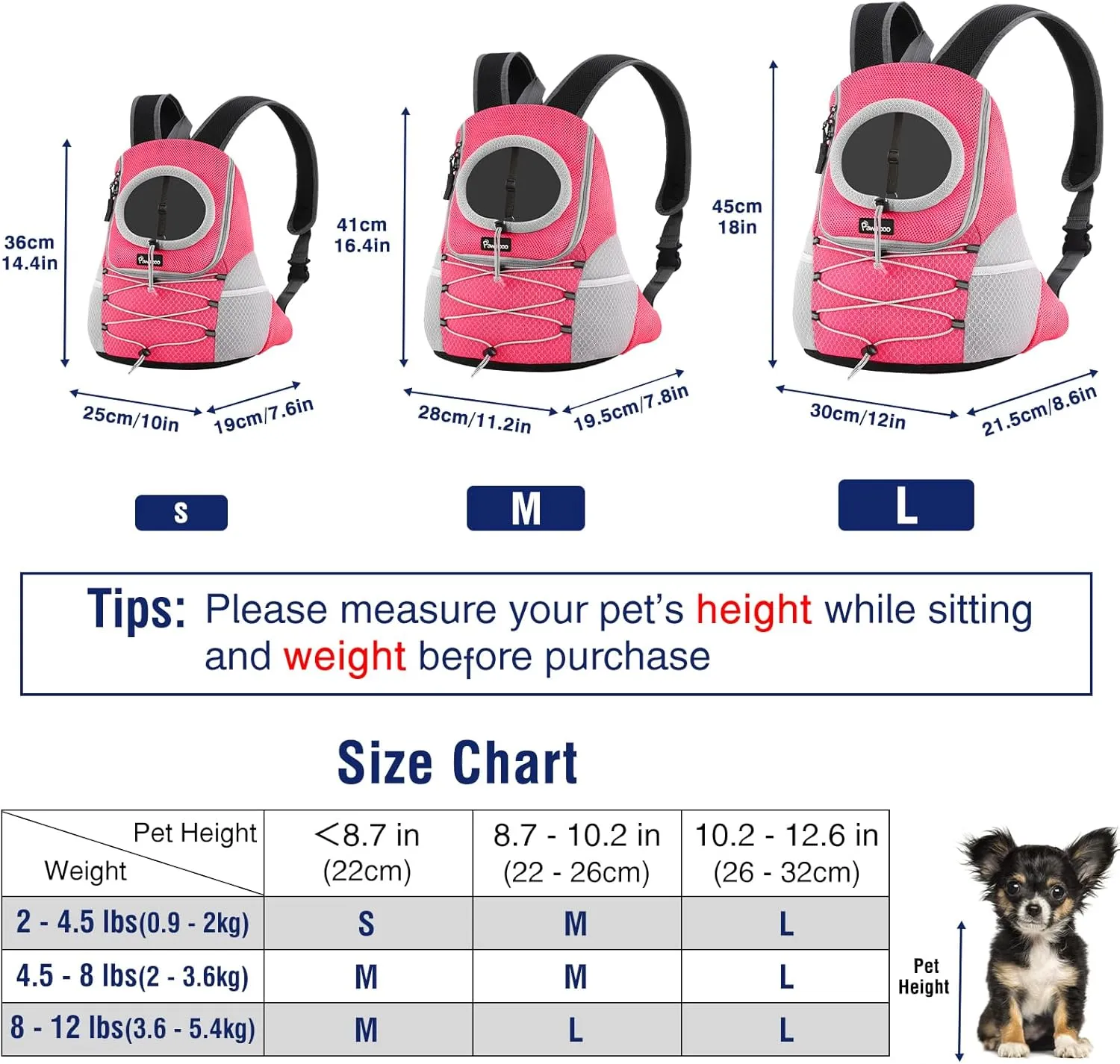 Pawaboo Pet Dog Carrier Backpack, Puppy Dog Travel Front Carrier for Small Medium Dogs Cats, Adjustable Breathable Dog Carrying Backpack with Safety Strips for Hiking, Walking (Pink M Up to 10 lbs)