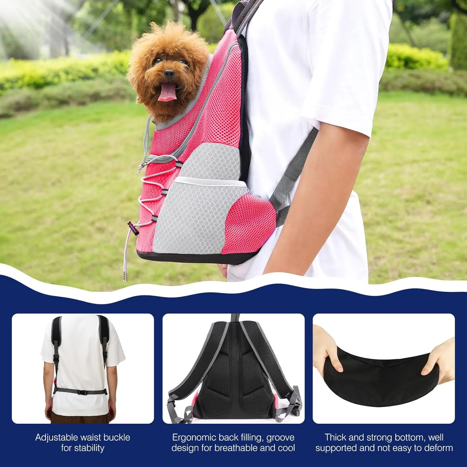 Pawaboo Pet Dog Carrier Backpack, Puppy Dog Travel Front Carrier for Small Medium Dogs Cats, Adjustable Breathable Dog Carrying Backpack with Safety Strips for Hiking, Walking (Pink M Up to 10 lbs)