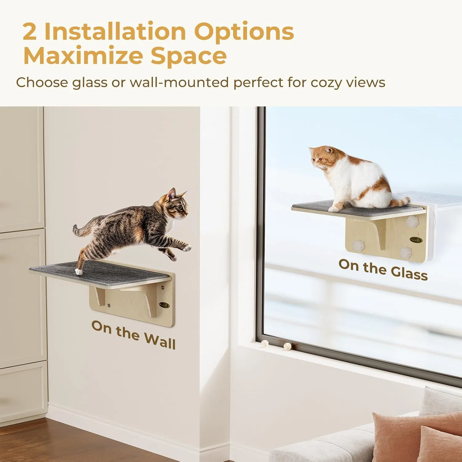 Pecute 2-in-1 Cat Window Perch & Wall Shelves - Sturdy Solid Wood Frame, 4 Large Rotating Suction Cups, Washable Carpet Cloth Cover, Space-Saving Indoor Cat Hammock Bed for Cats & Kittens Inside
