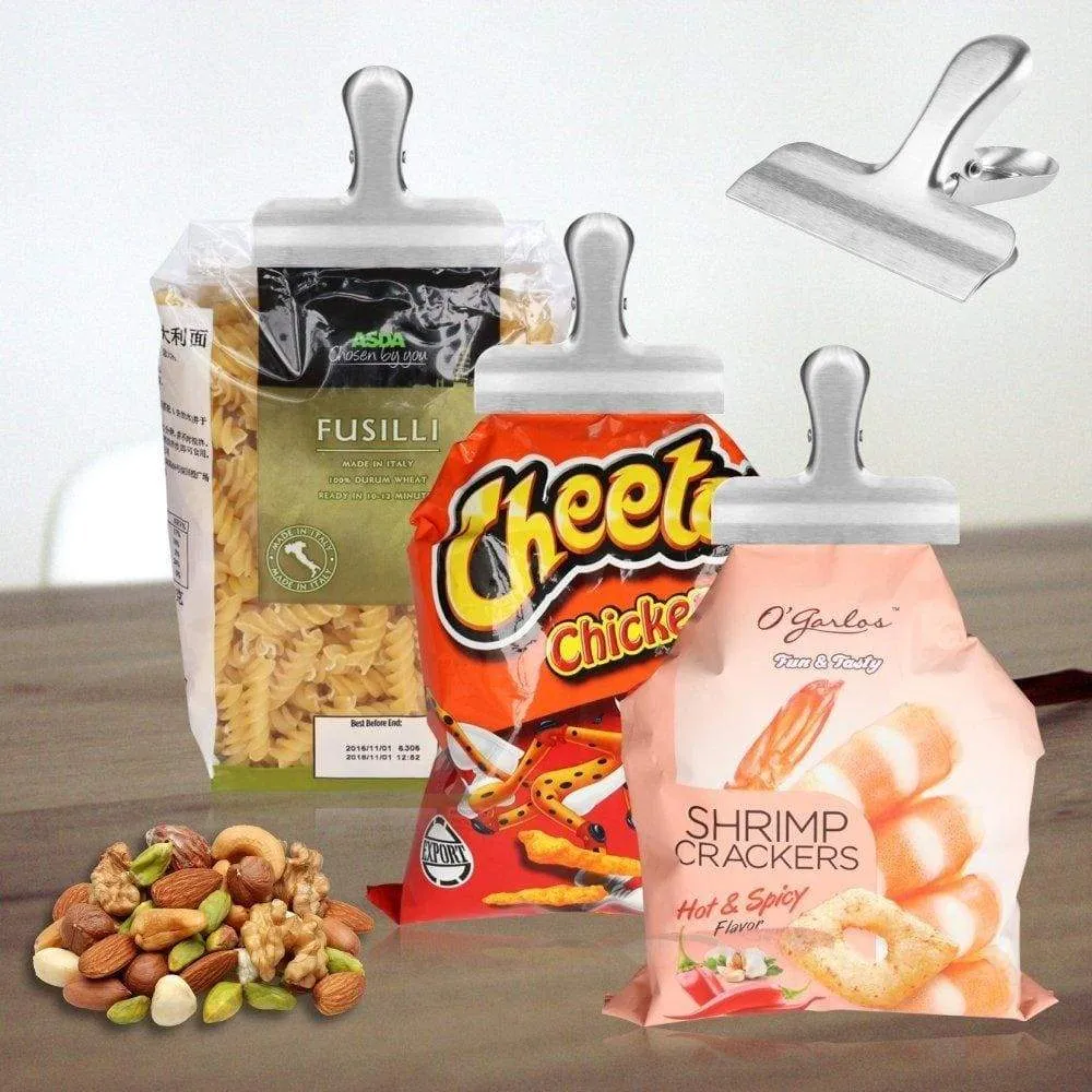 Peritum Set of 12 Durable Stainless Steel Chip Bag Clips with Reusable Storage Container, 3-Inch Wide Heavy Duty, All-Purpose Air Tight Seal Grip for Kitchen, Office, Home Usage