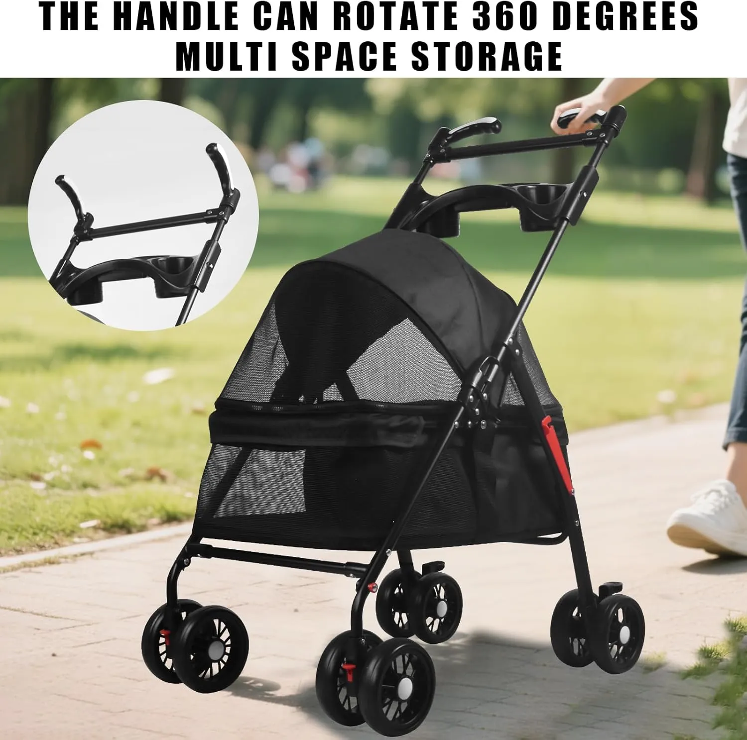 Pet Dog Cat Stroller with Foldable Dog Cat Cage Jogger Stroller with Storage Basket and Cup Holder,4 Wheels for Medium/Small Dogs and Cats, with Cup Holder .Handrail Can Rotate(Black-B)