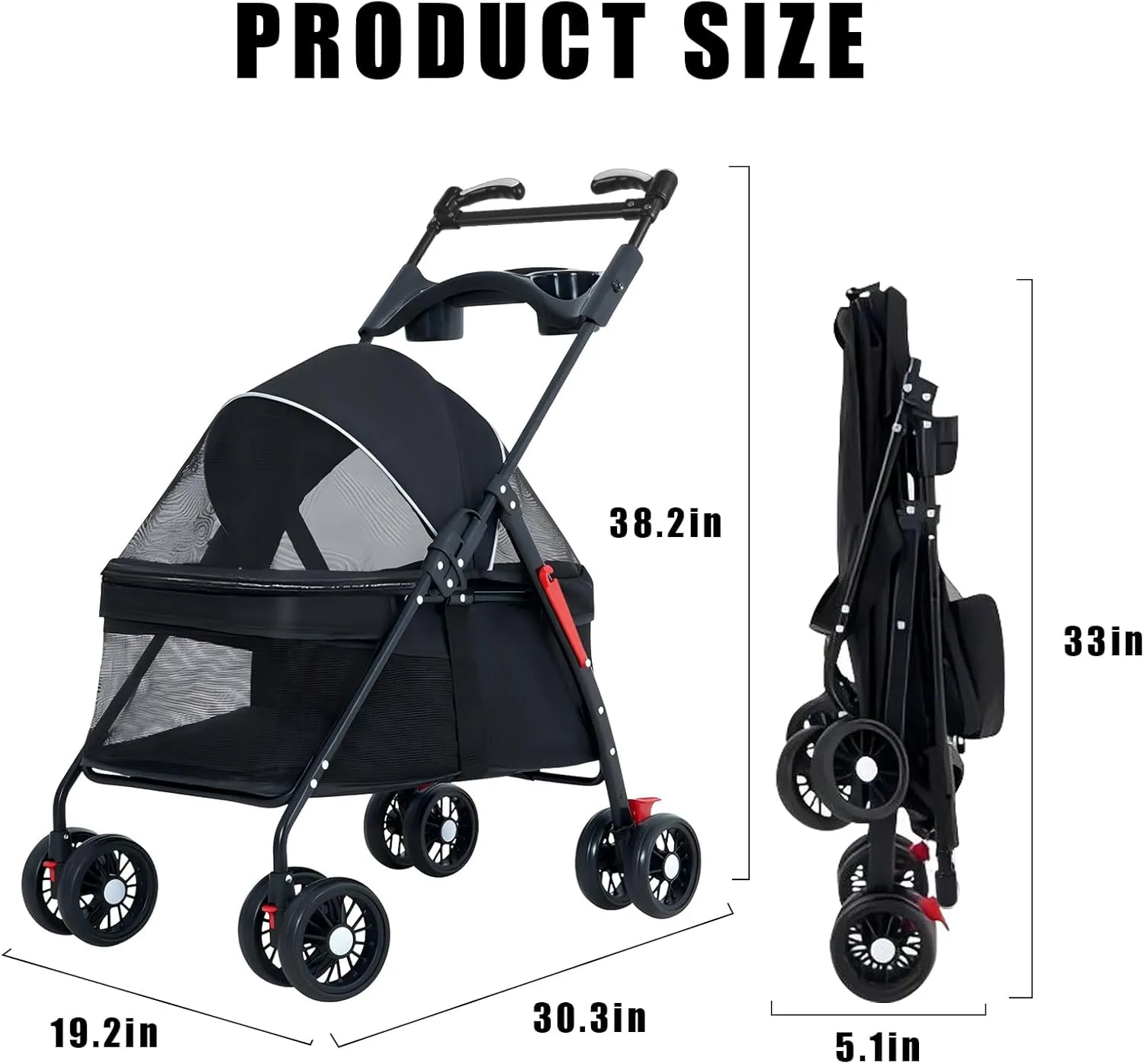 Pet Dog Cat Stroller with Foldable Dog Cat Cage Jogger Stroller with Storage Basket and Cup Holder,4 Wheels for Medium/Small Dogs and Cats, with Cup Holder .Handrail Can Rotate(Black-B)