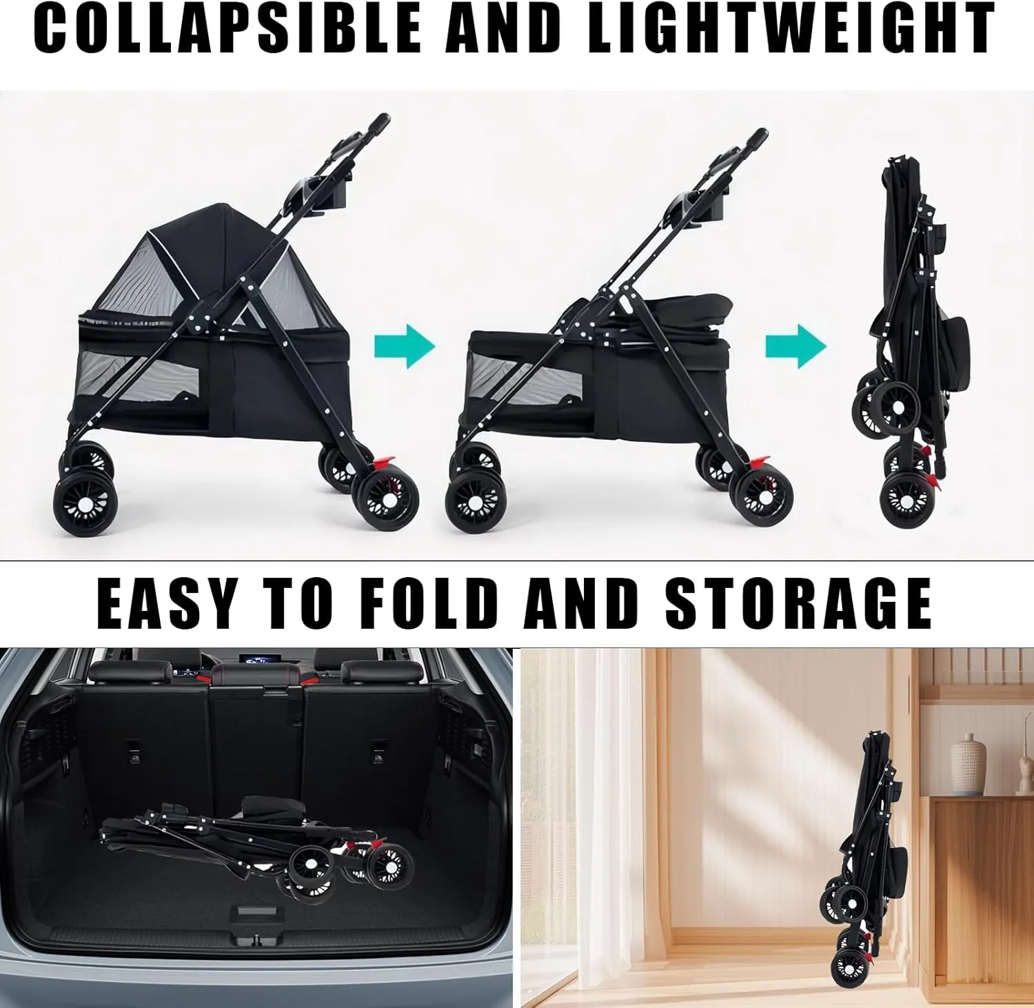 Pet Dog Cat Stroller with Foldable Dog Cat Cage Jogger Stroller with Storage Basket and Cup Holder,4 Wheels for Medium/Small Dogs and Cats, with Cup Holder .Handrail Can Rotate(Black-B)