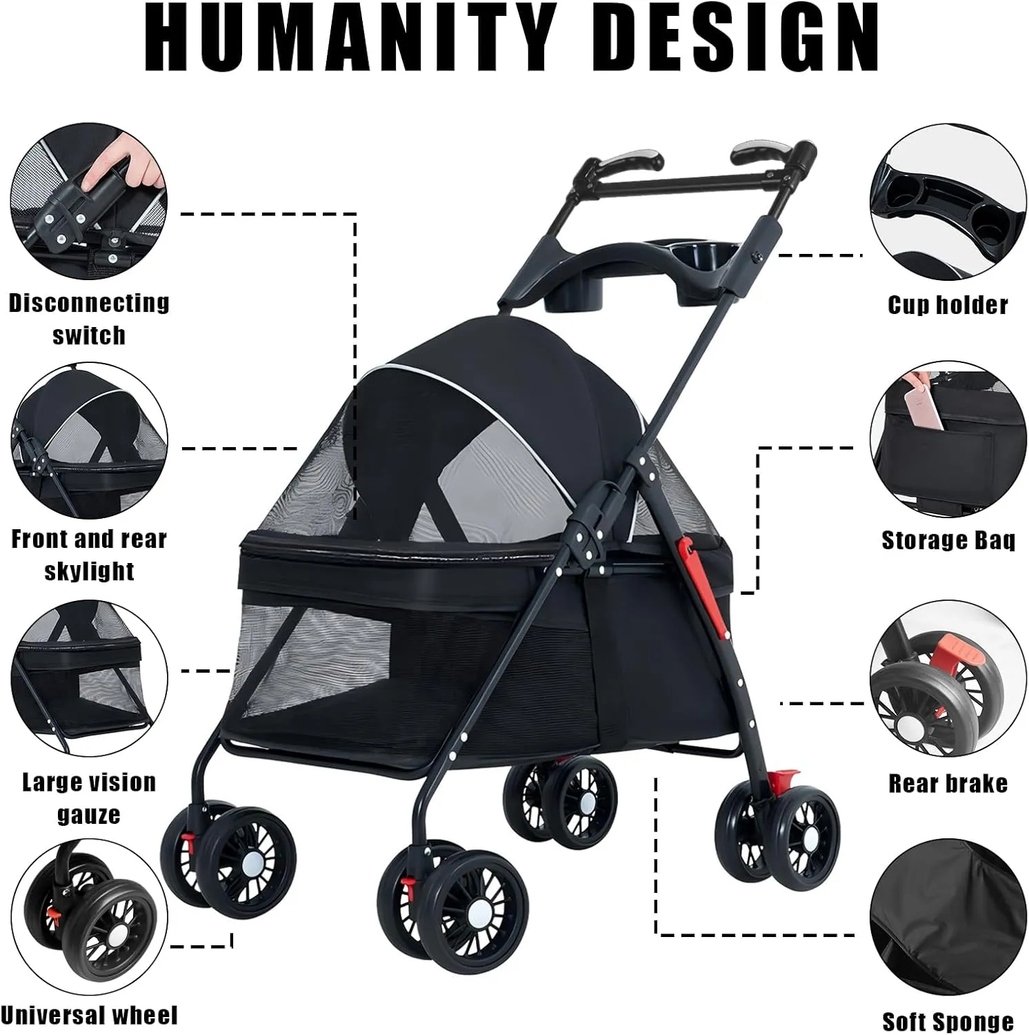 Pet Dog Cat Stroller with Foldable Dog Cat Cage Jogger Stroller with Storage Basket and Cup Holder,4 Wheels for Medium/Small Dogs and Cats, with Cup Holder .Handrail Can Rotate(Black-B)