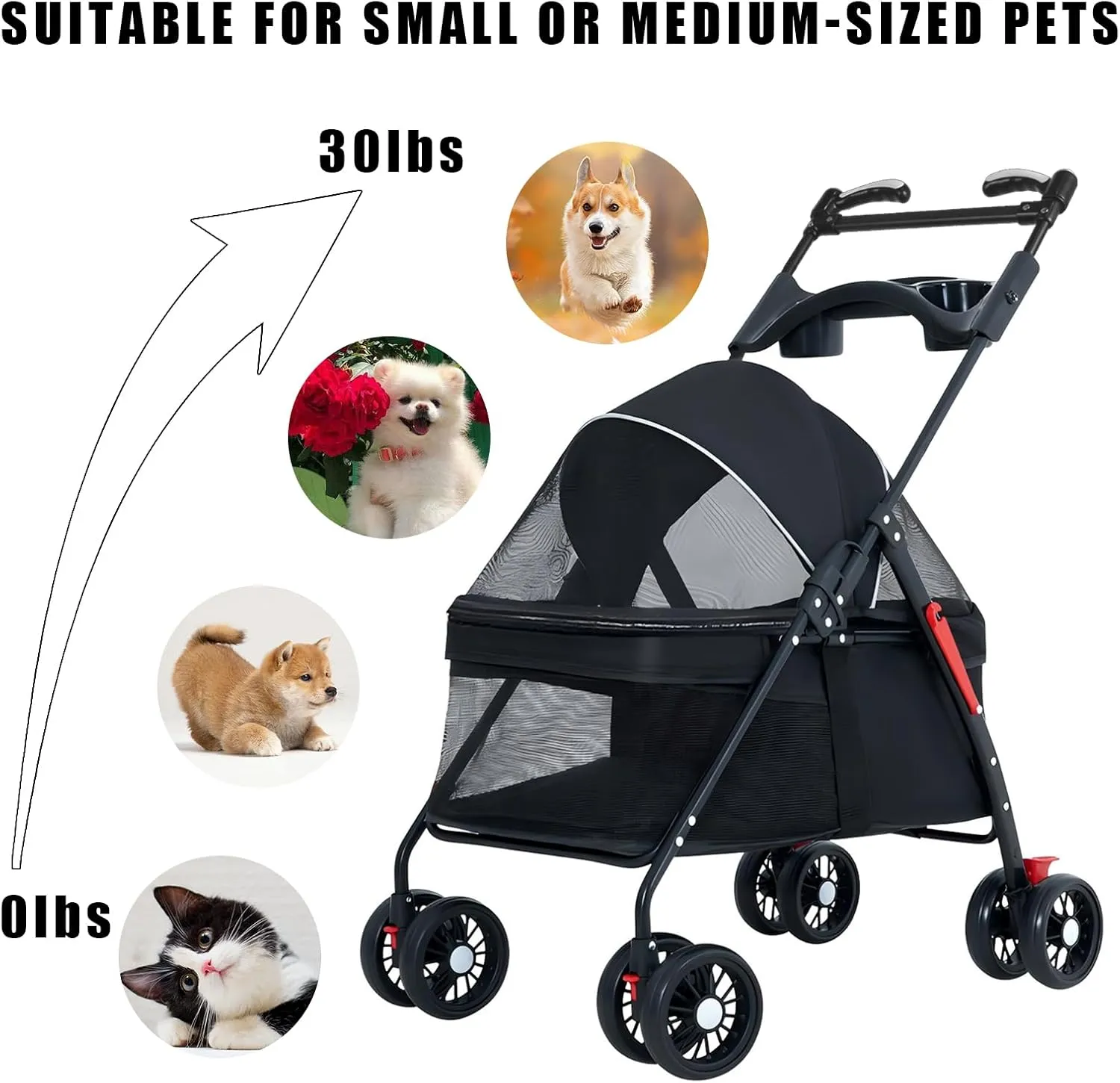 Pet Dog Cat Stroller with Foldable Dog Cat Cage Jogger Stroller with Storage Basket and Cup Holder,4 Wheels for Medium/Small Dogs and Cats, with Cup Holder .Handrail Can Rotate(Black-B)