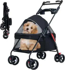 Pet Dog Cat Stroller with Foldable Dog Cat Cage Jogger Stroller with Storage Basket and Cup Holder,4 Wheels for Medium/Small Dogs and Cats, with Cup Holder .Handrail Can Rotate(Black-B)