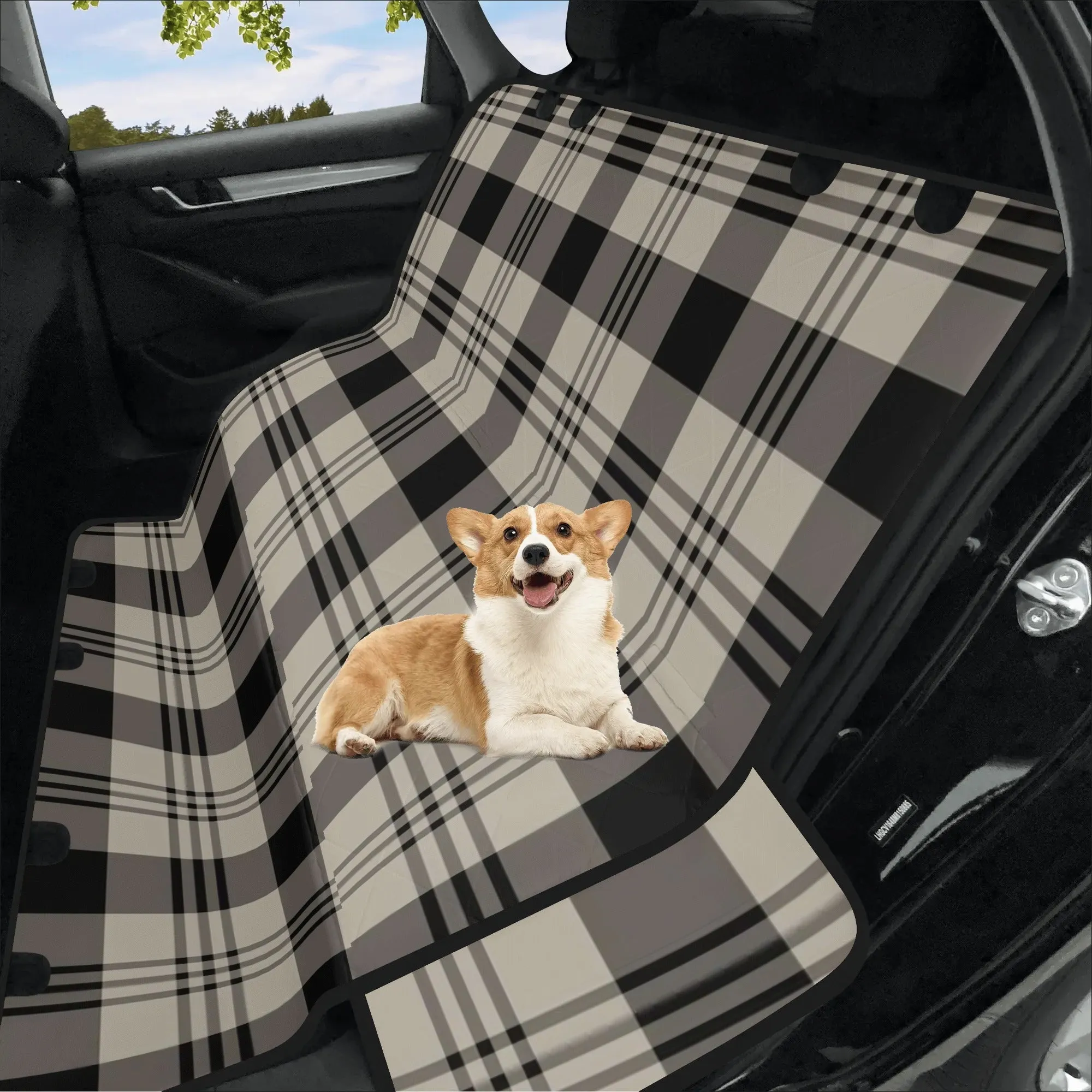 Plaid Dog Back Seat Cover, Black Grey Tartan Check Cat Protector Pets Waterproof Washable Vehicle Blanket SUV Auto Truck Accessory