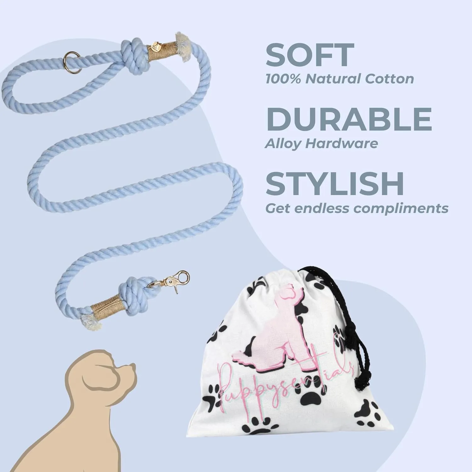 Premium Dog Rope Leash, 5ft Soft & Durable Braided Cotton Rope Leash for Medium Dogs/Large Dogs, Lightweight with 360-Degree Snap Clip, Comes with a Handy Designer Gift Bag