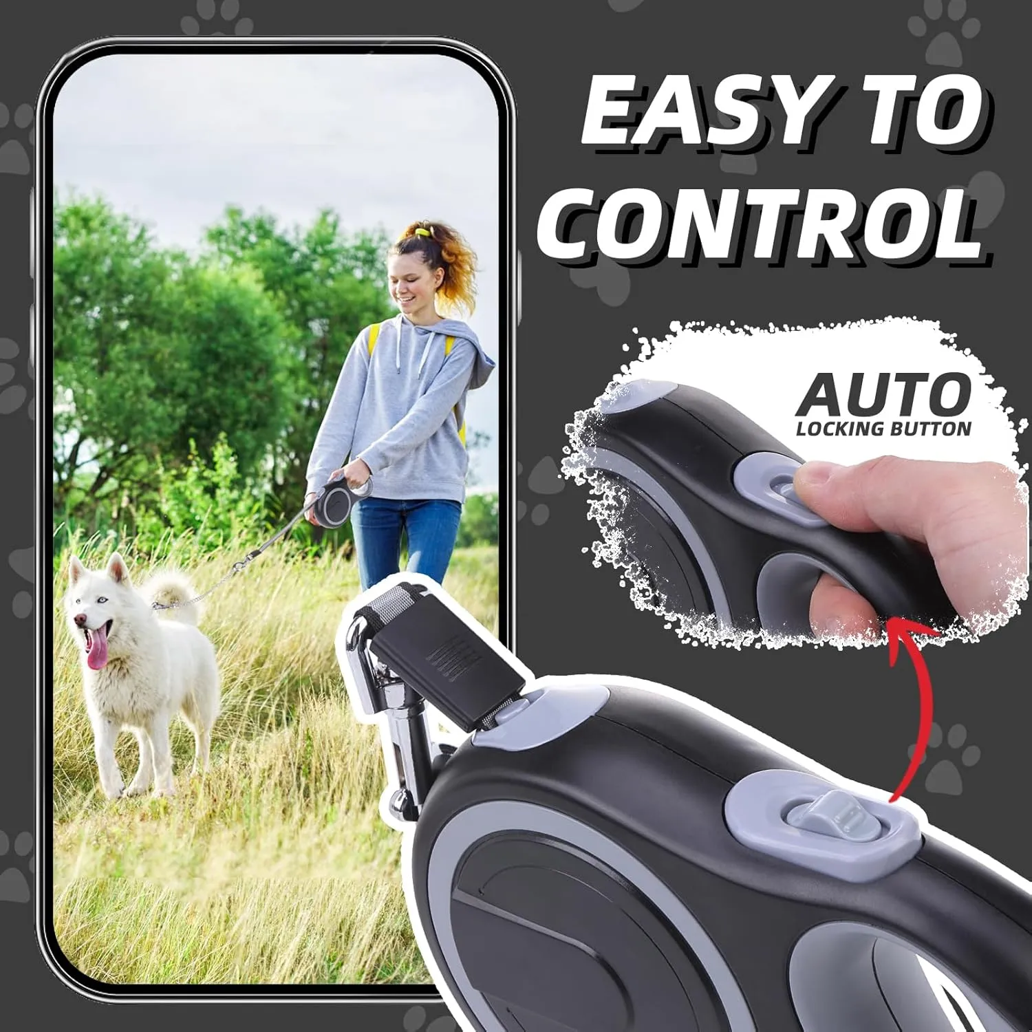 PupTeck Retractable Dog Leash with Chew Proof Chain, 360 Tangle-Free Pet Walking Leash, Heavy Duty up to 110lbs, 16ft Strong Nylon, One-Hand Brake Black