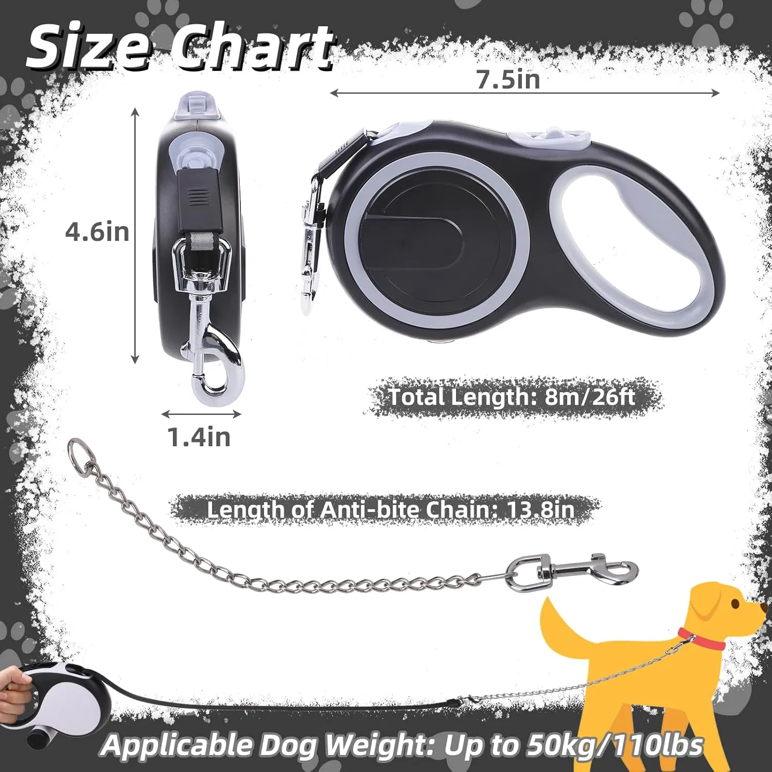PupTeck Retractable Dog Leash with Chew Proof Chain, 360 Tangle-Free Pet Walking Leash, Heavy Duty up to 110lbs, 16ft Strong Nylon, One-Hand Brake Black