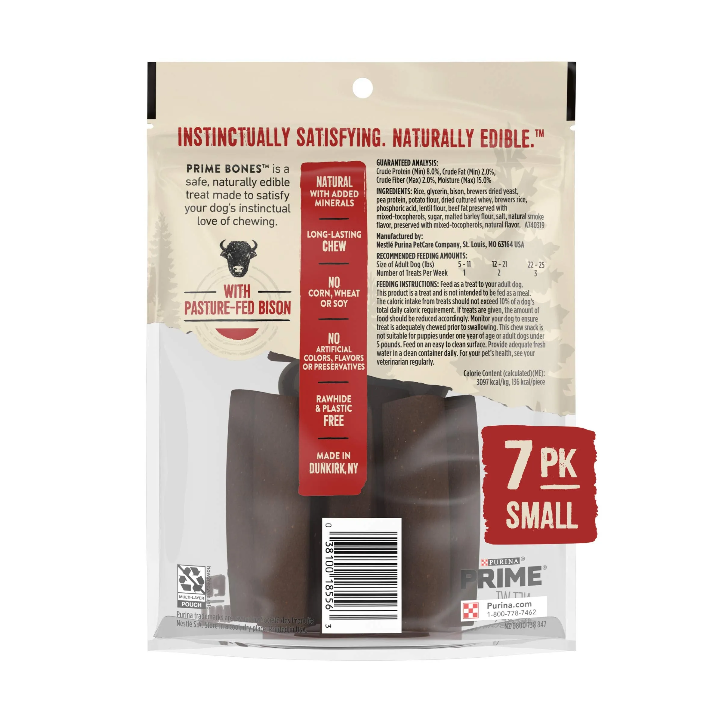 Purina Prime Bone Grass-Fed Bison Femur Bones Natural Hard Chew Dog Treats - Small - 11.2 Oz - Case of 6